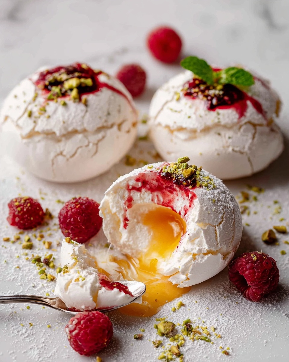 The image shows three round white meringue nests placed on a white plate with a white marbled background. Each meringue has a smooth, slightly cracked texture and is topped with a dollop of creamy white filling. On top of the cream sits a bright red raspberry with a fresh green mint leaf beside it. There are crushed light green pistachios sprinkled over the cream and scattered on the plate, along with a few loose raspberries and mint leaves around the meringues. The scene has soft natural lighting highlighting the details. Photo taken with an iphone --ar 4:5 --v 7