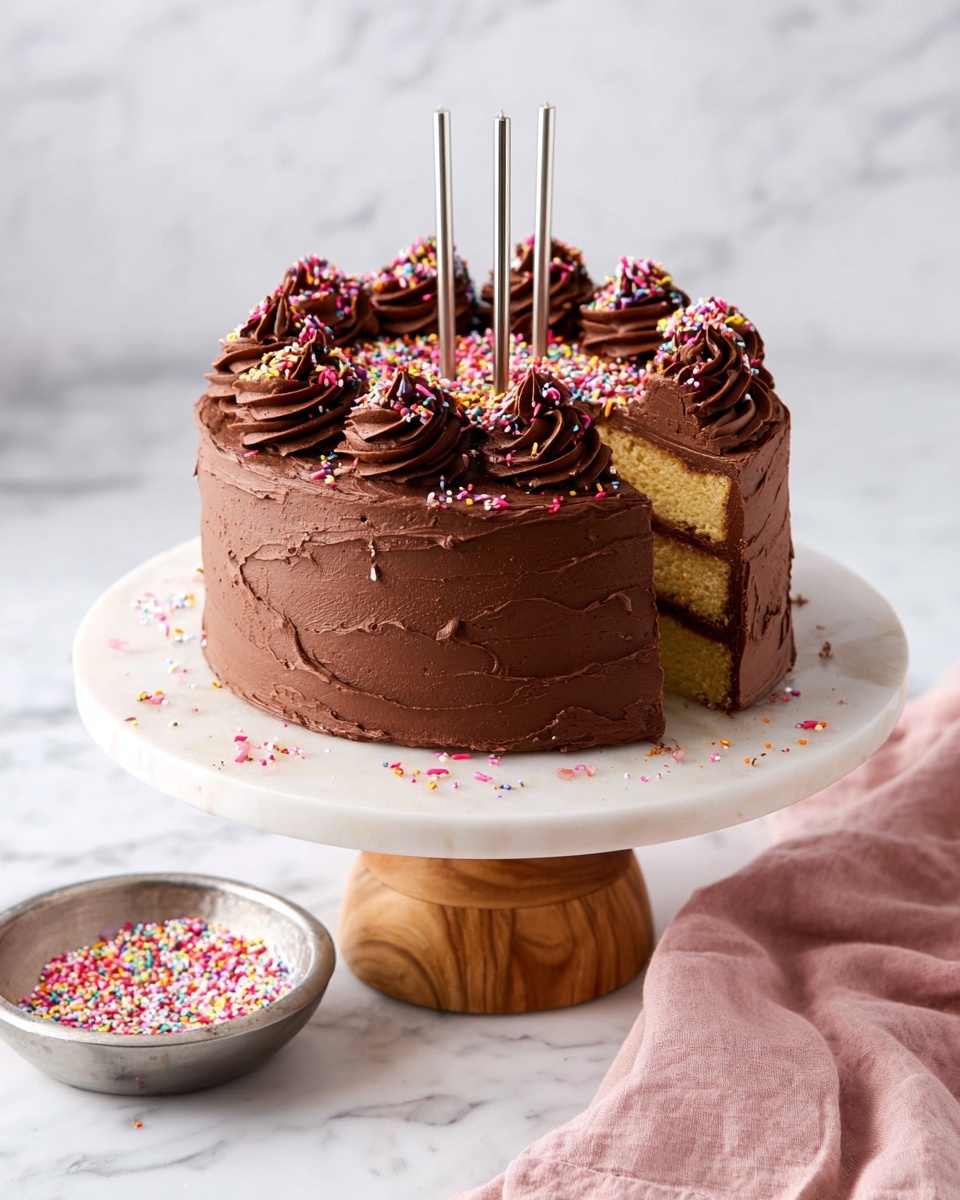 A three-layer round yellow cake covered in smooth, thick chocolate frosting with swirled texture on the sides. Each layer of cake is separated by a smooth chocolate filling. On top, there are ten swirls of chocolate frosting with colorful round and stick sprinkles, along with more sprinkles scattered on the cake's surface. Four tall, thin silver candles stand in the center. The cake sits on a white marble cake stand with a wooden base, placed on a white marbled surface with a soft pink cloth near it. A metal bowl with more colorful sprinkles is nearby. Photo taken with an iphone --ar 4:5 --v 7