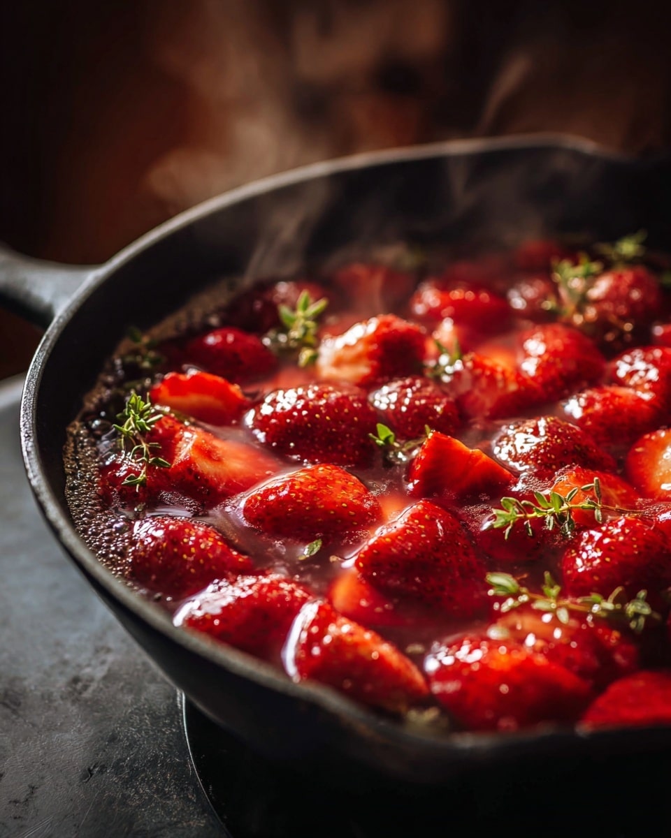 A black pan filled with whole and halved bright red strawberries simmering in a bubbling, slightly translucent red syrup. Small green thyme leaves are scattered on top of the strawberries, adding a touch of green color. Steam rises gently from the pan, showing the heat. The pan is set against a dark, warm background with a soft focus at the bottom edge. photo taken with an iphone --ar 4:5 --v 7