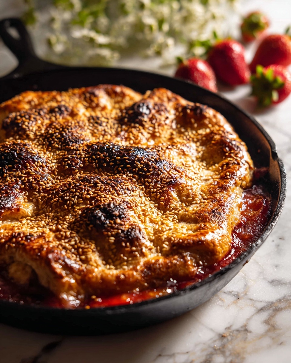 A golden brown pie with a textured, crispy top covered in light toasted sesame seeds, nestled inside a black cast iron skillet. The crust is thick and puffed with some darker caramelized spots, sitting above a red glossy sauce that peeks out from underneath the edges. The skillet rests on a white marbled surface with some fresh red strawberries and small white flowers blurred softly in the background. The overall look is warm and inviting with rich, crunchy textures. photo taken with an iphone --ar 4:5 --v 7
