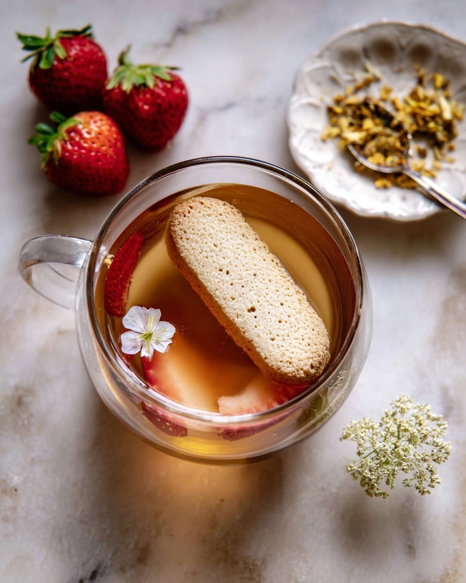 A glass cup filled with light brown clear tea, inside the tea floating a single light beige ladyfinger biscuit with a rough texture; a small white flower petal rests on the surface of the tea near the biscuit. Around the cup on a white marbled surface, there are three whole red strawberries with green leafy tops and a small white plate holding golden dried flower petals and a metal spoon, with a small white flower placed on the plate. Photo taken with an iphone --ar 4:5 --v 7
