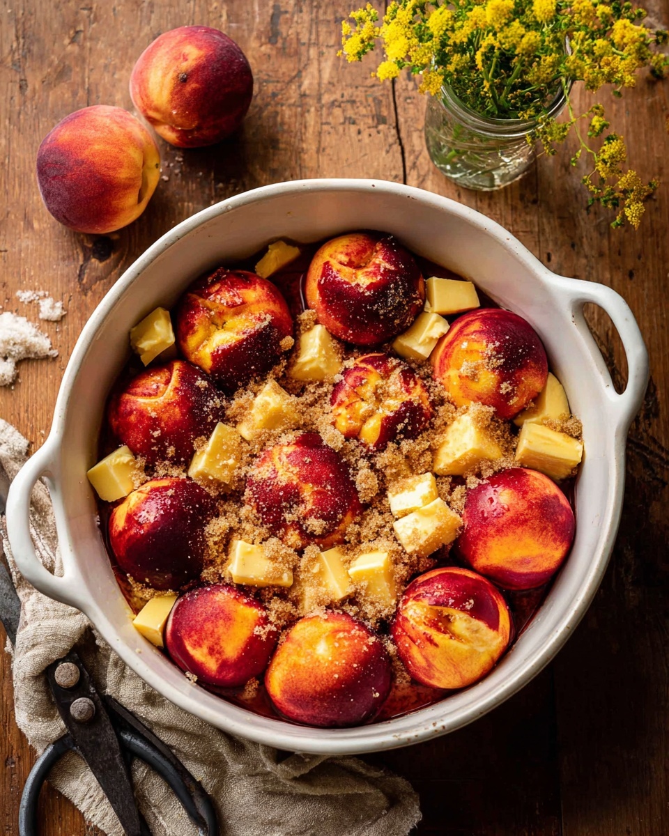 A white round dish with two handles holds a single layer of round peaches, each rich red and orange in color with a smooth texture, covering the entire dish. Scattered between the peaches are small cubes of pale yellow butter, adding a creamy contrast. Light brown sugar granules are sprinkled over the peaches and butter, giving a textured look with some sugar clumps resting on top. The dish sits on a wooden surface, with a small glass jar containing yellow flowers nearby and black metal scissors partly visible in the background. photo taken with an iphone --ar 4:5 --v 7