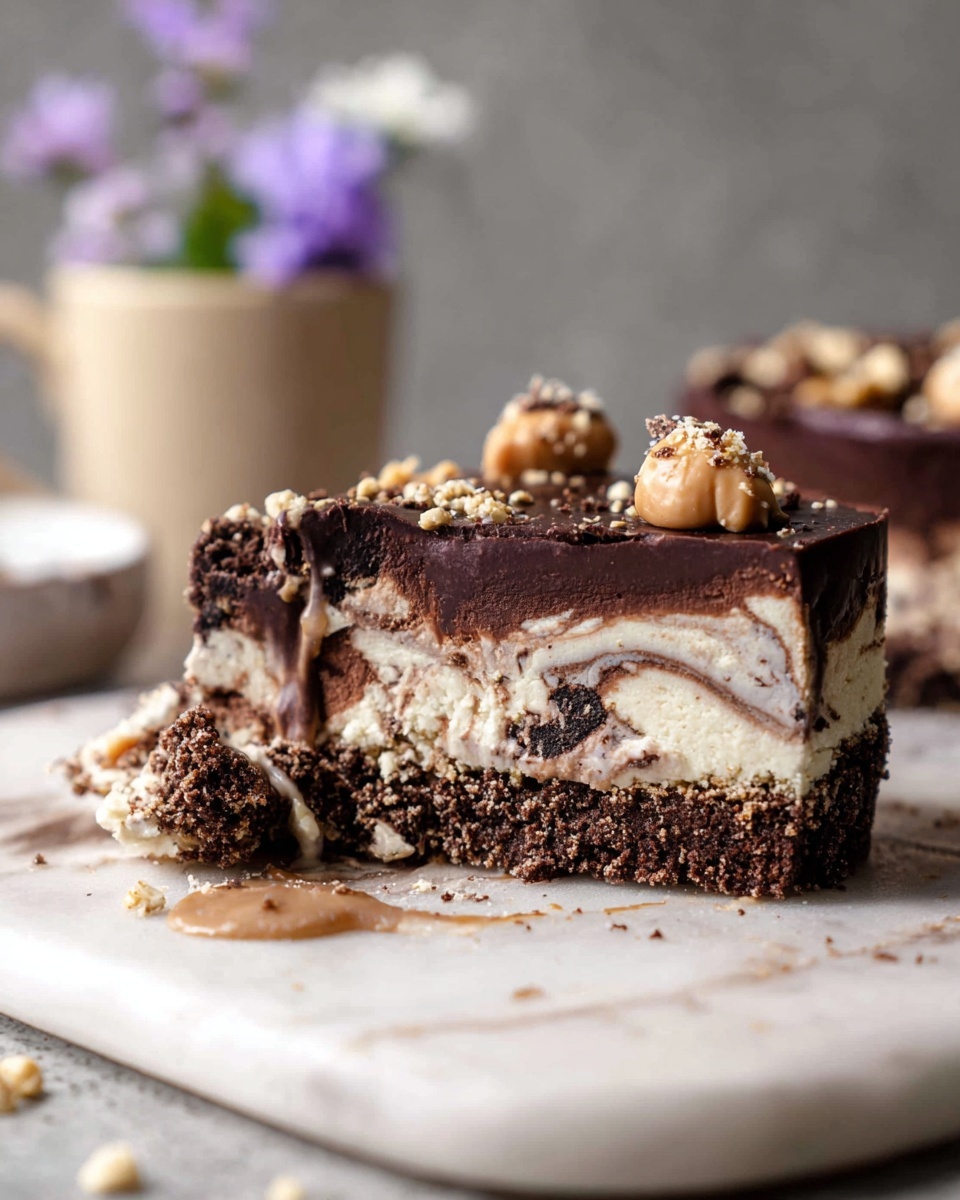 A thick slice of layered dessert sits on a white marbled surface. The bottom layer is a crumbly light brown crust. Above it, there is a textured dark brown crumb layer pressed along the sides. The middle section is a mix of creamy light and dark browns swirled together, resembling chocolate and cream filling. On top is a smooth, dark chocolate layer with a slightly shiny finish, garnished with small tan caramel-like dollops and sprinkled crumbs. A piece of the dessert in front has some melting filling flowing out slightly. In the background, a beige cup with purple and white flowers adds a soft touch. Photo taken with an iphone --ar 4:5 --v 7