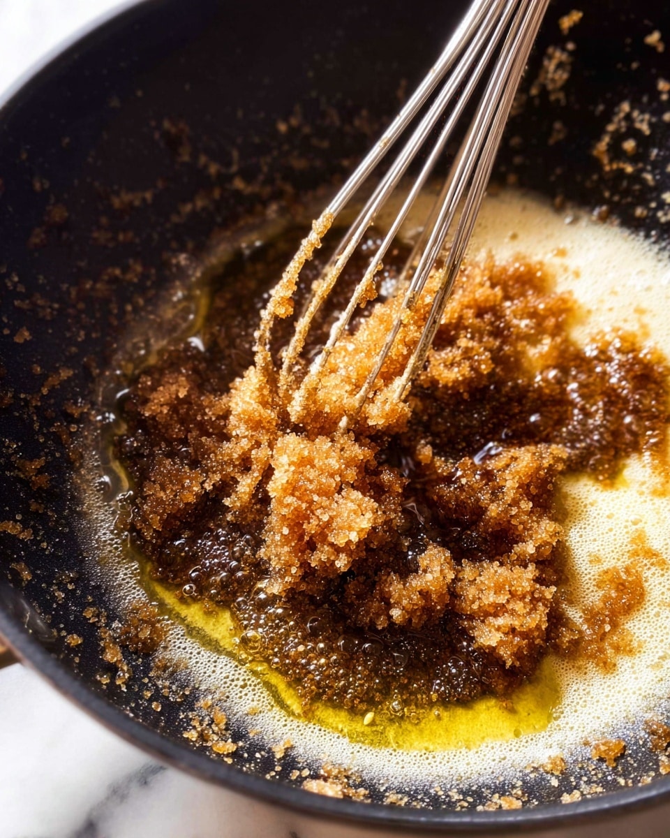 A close-up photo shows a dark pan with several clumps of light brown sugar and melted butter that is foaming and mixing together. A metal whisk is stirring the sugar and butter, with some sugar grains sticking to its wires. The light shines on the sugar crystals and melted butter, giving the mixture a shiny, textured look. The photo is taken on a white marbled surface. photo taken with an iphone --ar 4:5 --v 7