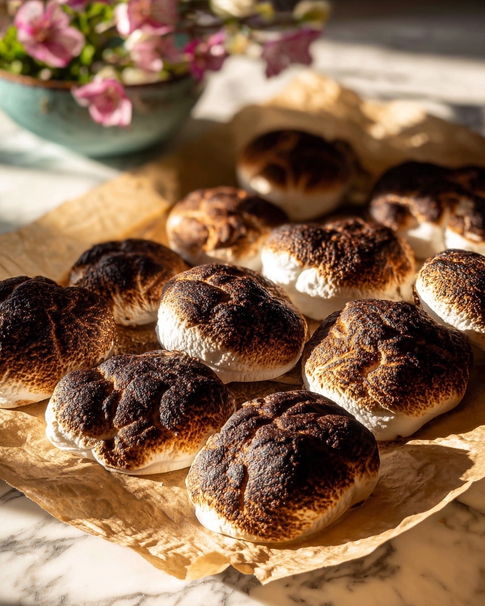 The image shows a cluster of toasted marshmallows on a sheet of brown parchment paper. Each marshmallow has a dark brown, almost black, cracked top layer with a rough texture, while the bottom part remains soft and white, slightly browned around the edges. The marshmallows are closely packed together, creating an irregular, bumpy surface. In the background, there is a white marbled surface with soft sunlight casting warm shadows. A blue-green bowl with pink flowers sits slightly out of focus near the top edge of the image. The photo taken with an iphone --ar 4:5 --v 7