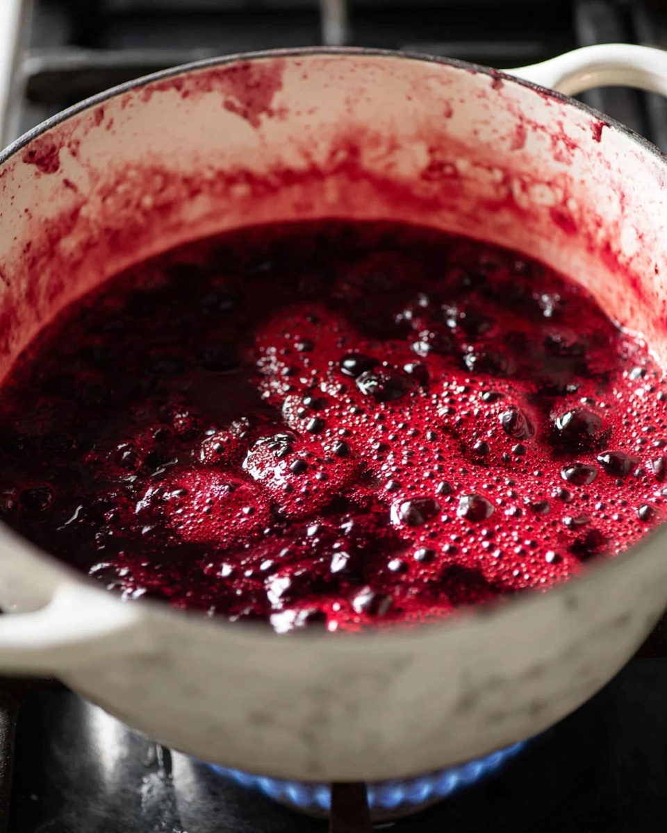 A close-up view of a white pot filled with dark red liquid bubbling actively, showing thick, rich textures and foamy red bubbles on top. The sides of the pot are stained with splashes of the same red liquid, creating a messy but vibrant look. The pot is set on a stove burner with a blue flame visible beneath it, and the background is a white marbled texture. photo taken with an iphone --ar 4:5 --v 7