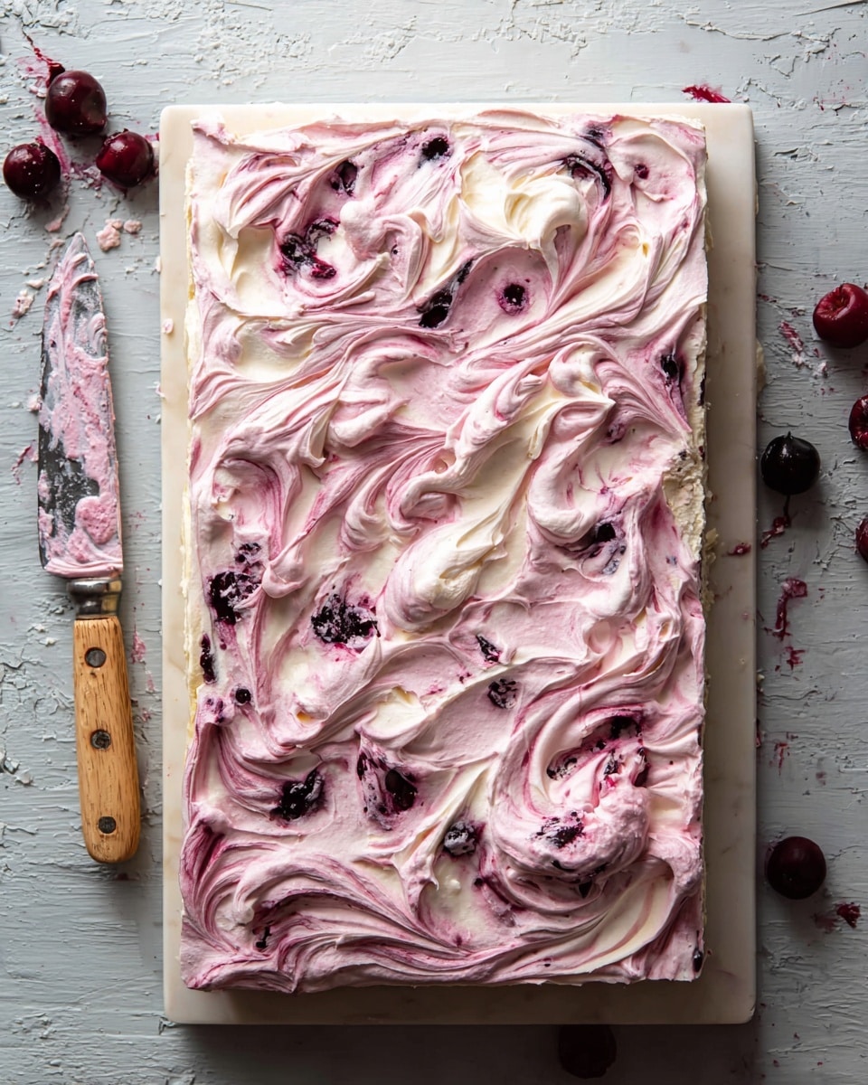 The image shows a rectangular layered dessert with a top layer of swirled cream in soft pink and white colors, mixed with dark berry pieces creating a marbled effect. The cream layer is thick, fluffy, and unevenly spread with visible peaks and swirls. The dessert rests on a white rectangular board placed on a white marbled textured surface. Around the dessert, there are some scattered dark red berries and a knife with traces of the pink cream on it. Photo taken with an iphone --ar 4:5 --v 7