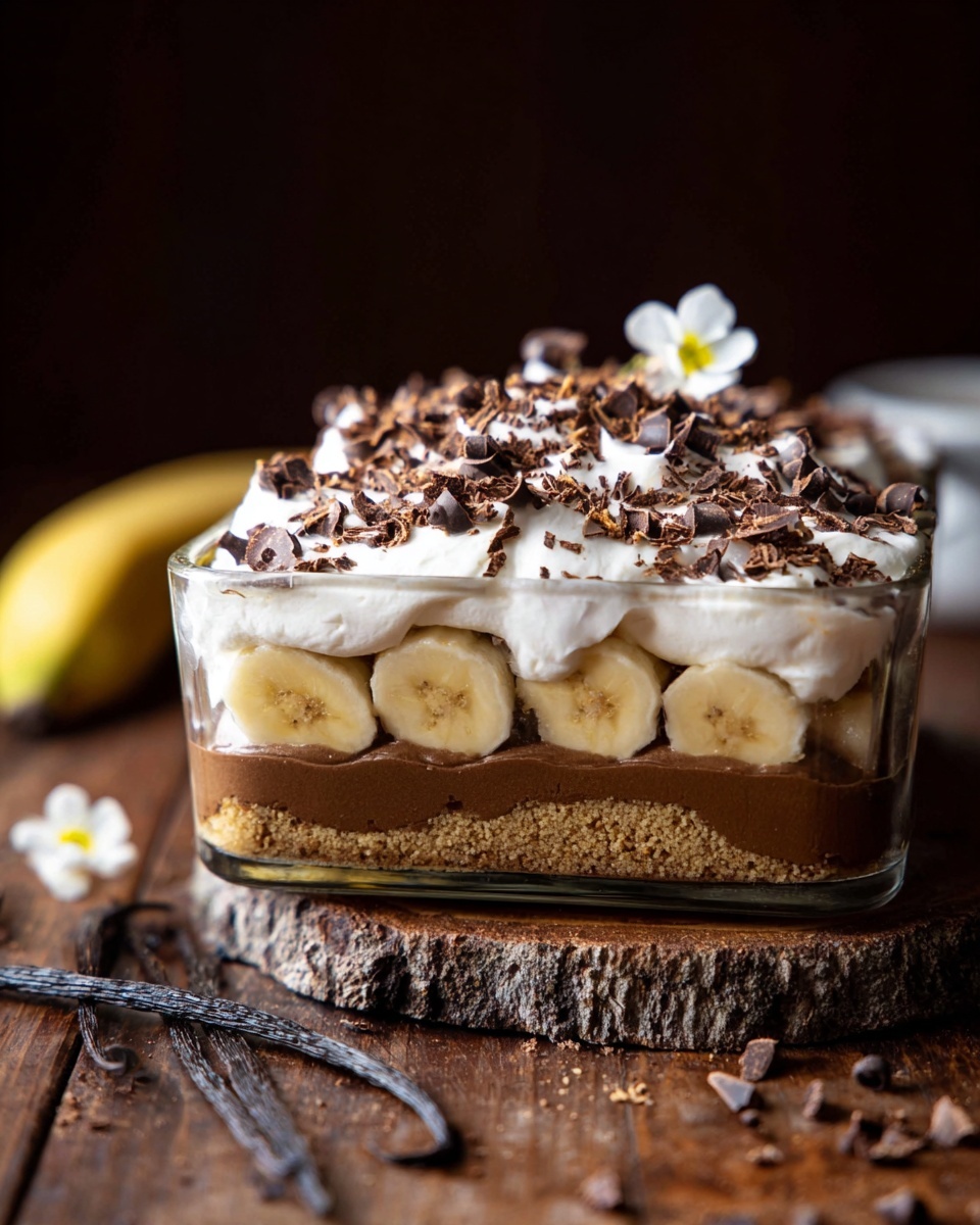 The dessert is shown in a clear rectangular glass dish with four visible layers. The bottom layer is a crumbly light brown crust, followed by a smooth medium brown layer. Above that, there are sliced bananas arranged in a neat layer of pale yellow with some texture. The top layer is thick white whipped cream, piled high and topped with small dark brown chocolate shavings scattered all over. A small white flower is placed on the whipped cream as decoration. The dish is on a natural rough wooden surface, with some chocolate shavings and a vanilla pod nearby, against a dark blurred background. Photo taken with an iphone --ar 4:5 --v 7