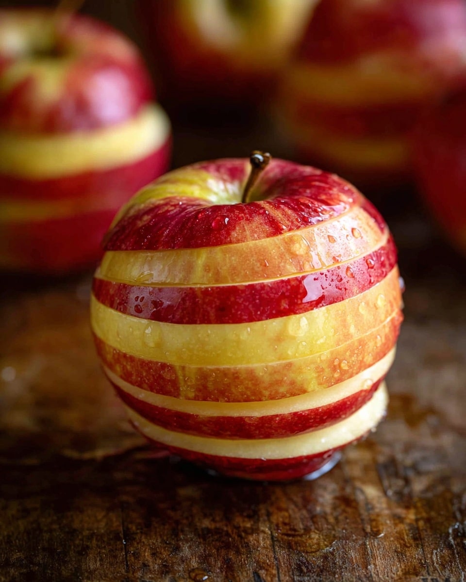 The image shows a red and yellow apple sliced into eight thin horizontal layers, stacked back together in the shape of the whole apple. The surface beneath the apple is a rustic wood texture with small drops of water on it. In the background, more whole apples can be seen blurred. The apple layers have a shiny, smooth skin with some droplets of water on them, giving a fresh look. photo taken with an iphone --ar 4:5 --v 7