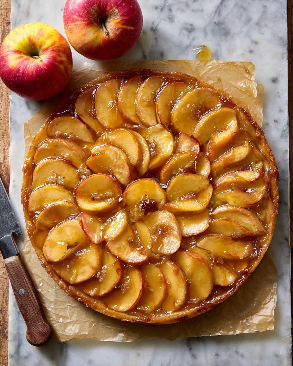 A round apple tart is shown on a sheet of parchment paper over a white marbled surface. The tart has one layer of thinly sliced apples arranged flat and overlapping across the whole top. The apple slices have a shiny golden caramel coating that makes them look glossy and soft. The edges of the tart are slightly crusty and browned, framing the shiny apple layer. Two whole apples with red and yellow skin are placed near the tart in the upper part of the image. A knife with a wooden handle is partly visible on the lower left side. Photo taken with an iphone --ar 4:5 --v 7