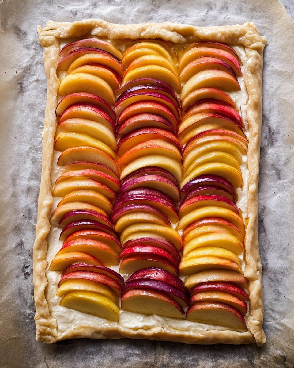 A rectangular pie with a thick, uneven pale dough crust folded up slightly around the edges. Inside, there are nine clusters of thinly sliced apples arranged in neat, overlapping rows, each cluster showing layers of red, yellow, and orange hues with smooth, shiny textures. The apple slices are placed on a creamy white layer spread evenly below them, all resting on a piece of parchment paper over a white marbled surface. The colors of the apples create a bright and patterned look across the pie. Photo taken with an iphone --ar 4:5 --v 7