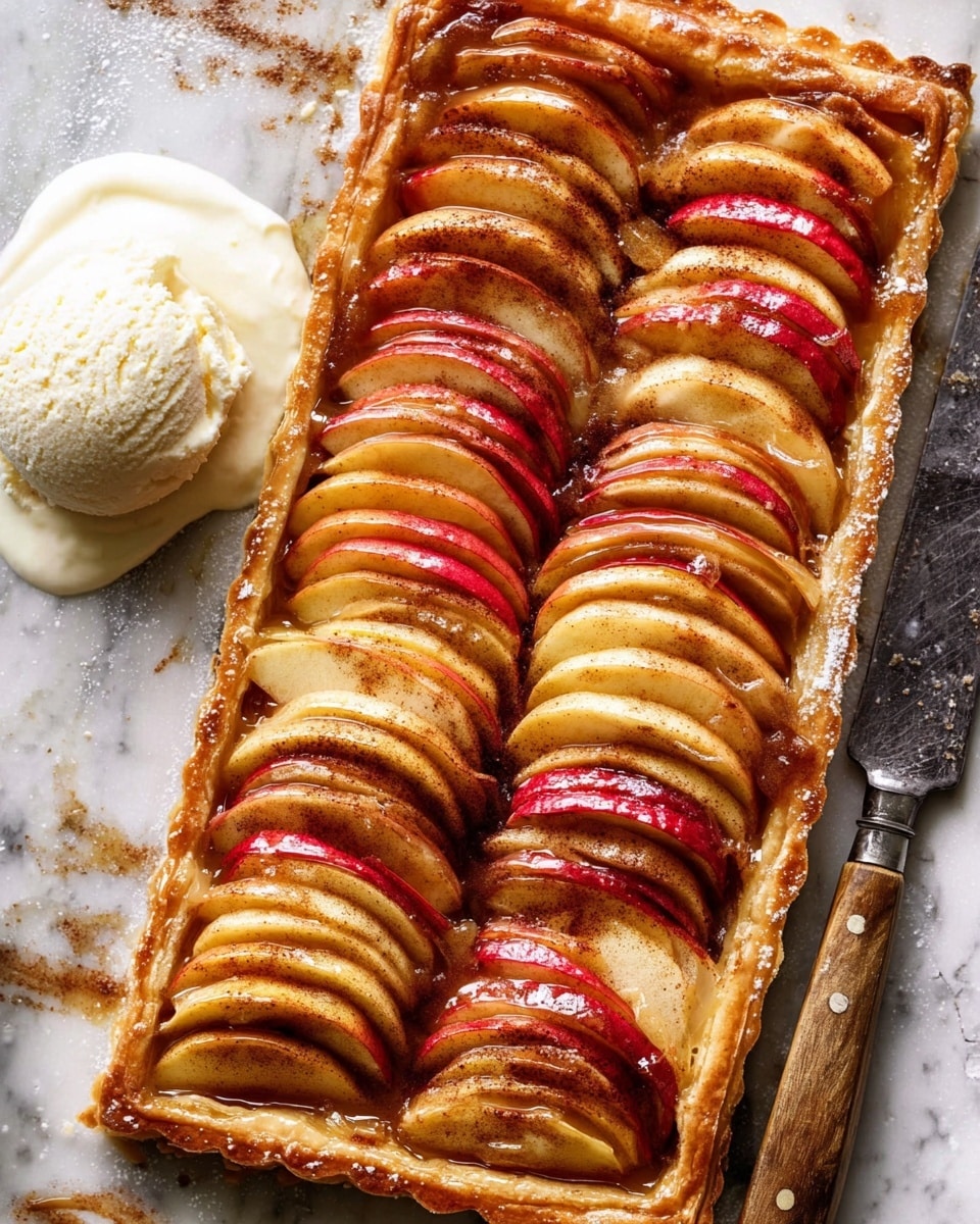 A rectangular tart with a golden-brown, flaky crust forms the bottom layer, topped with four neat rows of thinly sliced apples arranged in a fan shape. The apples vary in color from pale yellow to bright red, with a shiny glaze coating them and a sprinkle of cinnamon dusted over all. The middle of the tart shows the apple slices slightly overlapping, creating textured layers. A scoop of creamy white ice cream sits on the left side of the tart, melting slightly onto the crust. The tart rests on a white marbled surface next to a silver knife with a wooden handle. Photo taken with an iphone --ar 4:5 --v 7