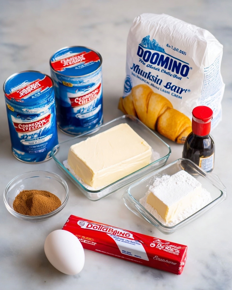 The image shows ingredients for a recipe on a white marbled surface. There are two blue and red cans of crescent rolls in the center, with two blocks of Philadelphia cream cheese stacked in front of them, both with white and blue packaging. To the right of the cans, there is a large white bag of Domino granulated sugar featuring yellow and blue colors. In front of the sugar bag, a red and white wrapped stick of butter lies horizontally. There is a small glass bowl with brown cinnamon powder next to a single white egg placed near the front. A small dark bottle of vanilla extract with a red cap stands between the crescent rolls and sugar. A clear rectangular glass baking dish is placed behind these ingredients. photo taken with an iphone --ar 4:5 --v 7