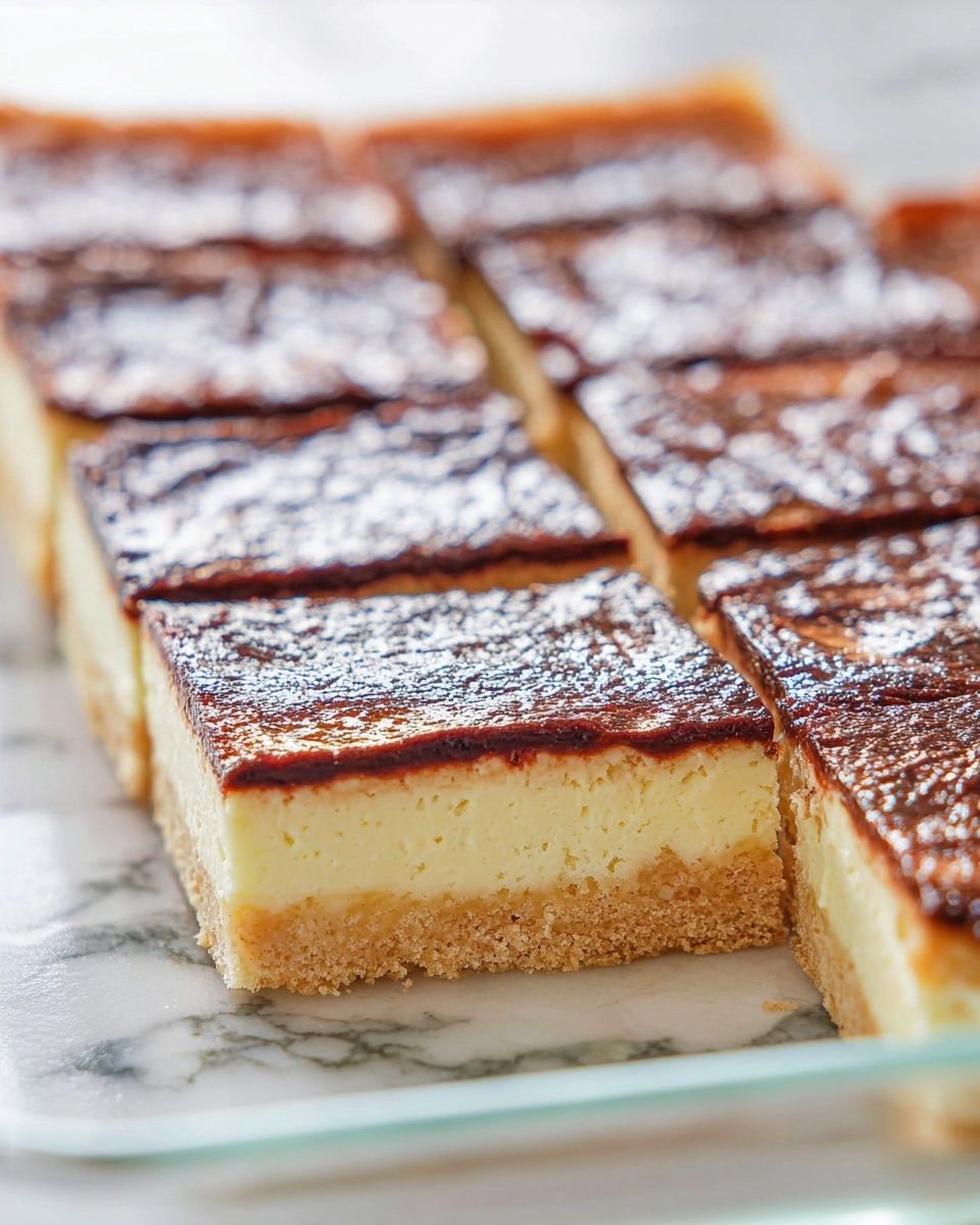 The image shows a square dessert cut into smaller square pieces, with three layers visible. The bottom layer is a light golden crust that looks firm and slightly textured. The middle layer is thick and creamy, pale yellow in color, appearing soft and smooth. The top layer is a thin, dark brown spread that seems shiny and moist, with a slightly uneven surface. The dessert sits in a clear glass dish on a white marbled surface, and the focus is on the front row of pieces, showing the texture details clearly. Photo taken with an iphone --ar 4:5 --v 7
