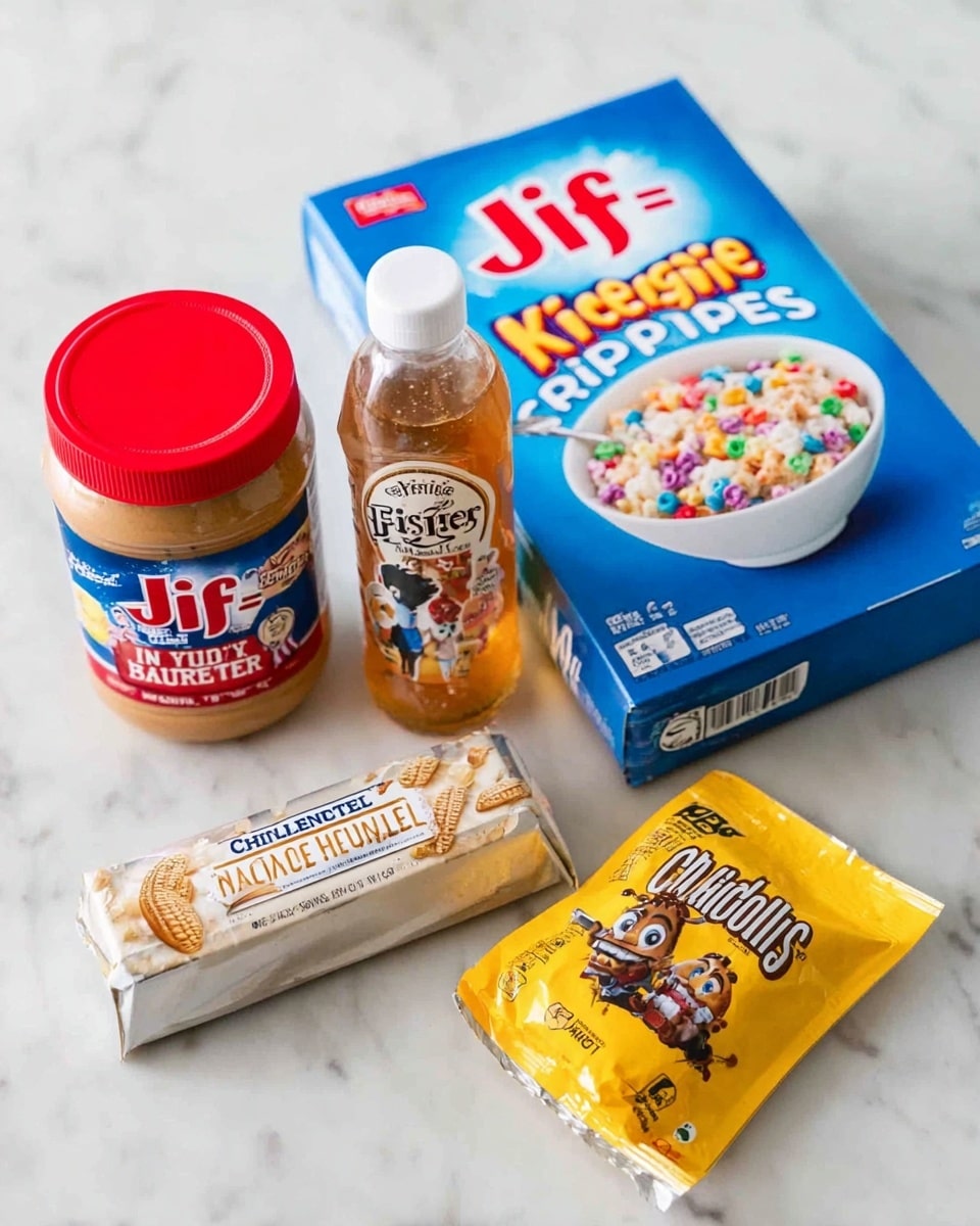 The image shows five items arranged closely on a white marbled surface: a large red and blue jar of Jif creamy peanut butter on the left, a clear bottle of Fischer's raw and unfiltered honey with a white cap in front center, a stick of Challenge butter wrapped in yellow and white paper lying flat in front, a yellow bag of Ghirardelli semi-sweet chocolate chips on the right, and behind all these, a large blue box of Kellogg's Rice Krispies cereal featuring colorful cartoon characters and a white bowl filled with cereal and milk. photo taken with an iphone --ar 4:5 --v 7