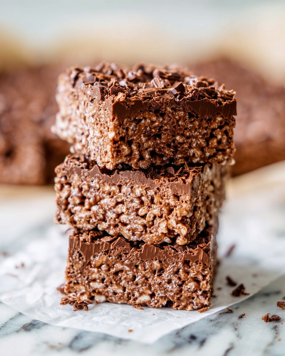 Three chocolate rice crispy squares stacked on top of each other are shown. Each square has a rich brown color with a chewy texture mixed with crispy rice pieces throughout. The top square has a smooth layer of melted chocolate with some extra crispy bits on top. The stack is placed on white parchment paper over a white marbled surface. The background is blurred, keeping focus on the detailed texture of the crispy squares. photo taken with an iphone --ar 4:5 --v 7