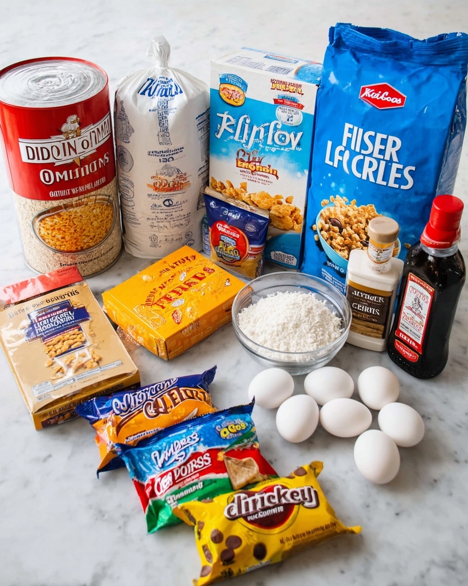The image shows a collection of baking ingredients arranged on a white marbled surface, including a tall canister of Quaker oats on the left, a white bag of Domino sugar next to a white bag of Pillsbury flour, a box of Kellogg's Corn Flakes in the back, a blue bag of Fisher pecan halves towards the right, and a small white container of Clabber Girl baking powder. There is a box of Arm & Hammer baking soda and a bottle of McCormick vanilla extract near the front, with two white eggs placed close together at the bottom center. In the front left area, there are colorful bags of Ghirardelli semi-sweet chocolate chips and Reese's peanut butter chips. A small glass bowl filled with shredded coconut sits near the center. The overall setup is neat, with each ingredient visible and clearly labeled. photo taken with an iphone --ar 4:5 --v 7