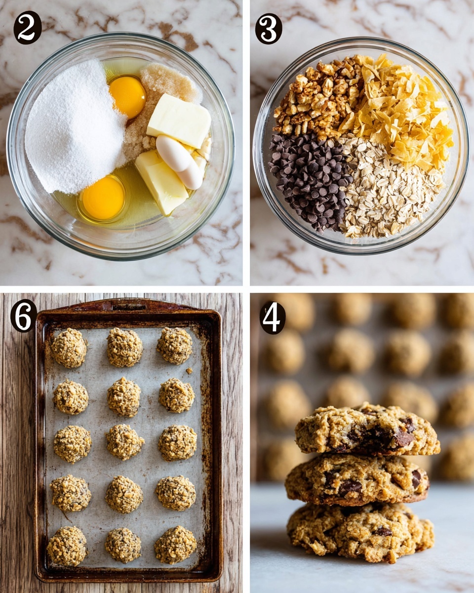 The image shows four steps of making cookies. In the first, a clear glass bowl holds layers of white sugar, light brown sugar, two yellow eggs, two light yellow butter sticks, and brown vanilla, all sitting on a white marbled surface. The second step shows the same clear glass bowl filled with several ingredients arranged in sections: golden cornflakes, dark brown chocolate chips, light brown chips, shredded white coconut, chopped brown nuts, and beige oats, all on the white marbled surface. The third step has twelve small balls of mixed cookie dough spread out evenly on a dark baking tray sitting on the white marbled surface. The last step shows a close-up of two stacked, golden brown cookies with a rough texture and visible melted dark chocolate chips inside, resting on the white marbled surface with more cookie stacks blurred in the background, photo taken with an iphone --ar 4:5 --v 7