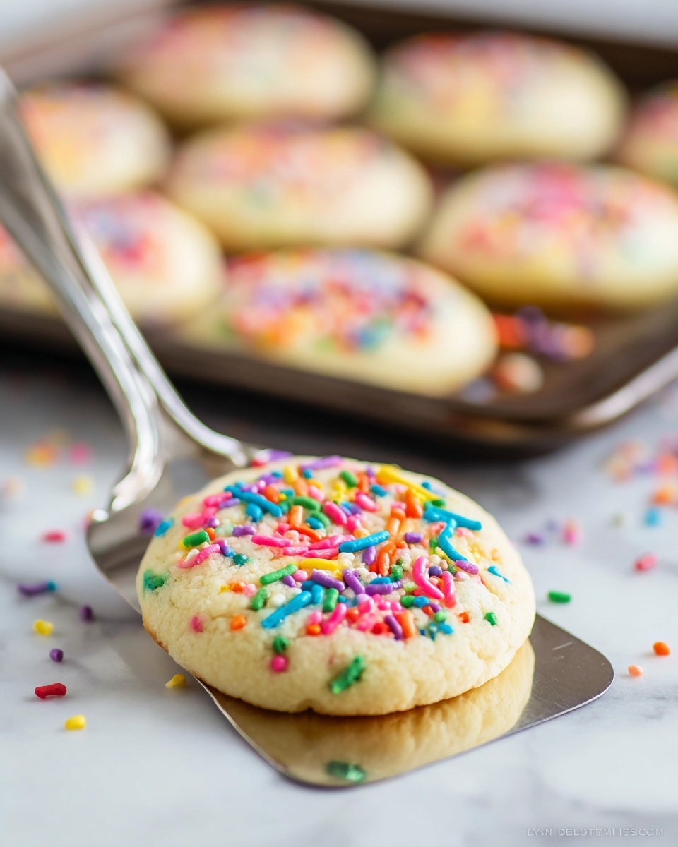 A soft, round cookie with a pale golden color sits on a silver spatula in the foreground, topped with bright, colorful sprinkles in shades of pink, blue, green, orange, yellow, and purple, giving it a playful look. In the blurry background, a dark baking tray holds several more cookies, each also decorated with multicolored sprinkles on their smooth tops. The scene is set on a white marbled surface, creating a clean and bright kitchen feel. Photo taken with an iphone --ar 4:5 --v 7