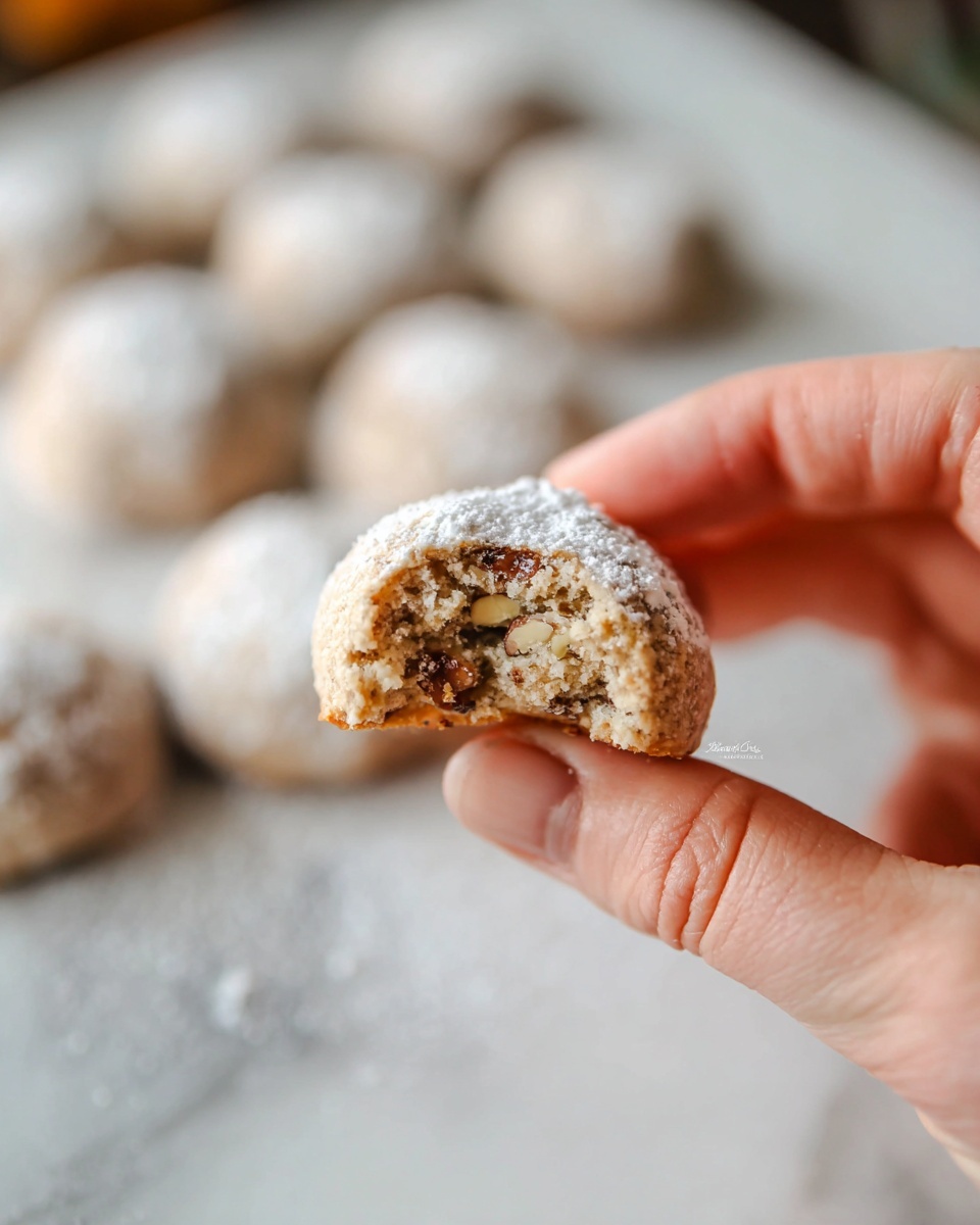 A close-up image shows a woman's hand holding a small round cookie with a bite taken out of it. The cookie has a light beige color with visible nut pieces inside, and it is covered in a thin layer of powdered sugar. In the blurred background, there is a white marbled surface with more similar cookies scattered on it. The photo taken with an iphone --ar 4:5 --v 7
