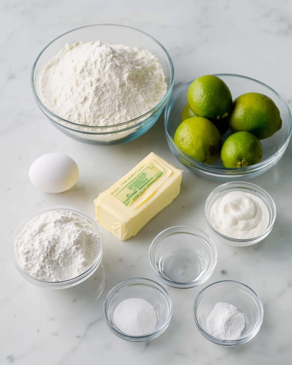 The image shows ingredients on a white marbled surface with a large glass bowl filled with white flour in the back left, next to a smaller glass bowl with green limes and a white egg. In the front left, there is a medium glass bowl with white powdered sugar, next to a stick of pale yellow butter resting on its paper wrapper. Around these are four small glass bowls containing white granulated sugar, white baking powder, white cream, and a clear liquid, all spaced evenly. The overall setting is bright and clean, with clear glass bowls and fresh ingredients placed neatly. photo taken with an iphone --ar 4:5 --v 7