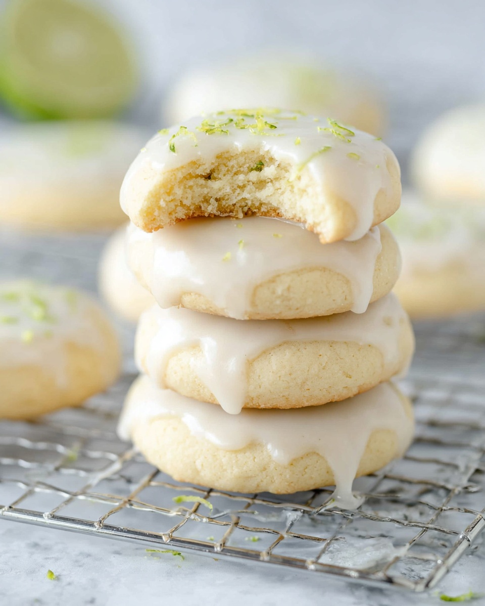 A stack of four soft, pale yellow cookies with a smooth white glaze dripping gently down the sides sits on a silver cooling rack over a white marbled surface. The top cookie has a bite taken out, showing a crumbly, light texture inside. Small green zest flecks are sprinkled on the glaze, adding a fresh touch. In the blurred background, more of these round cookies rest on the rack. The overall feel is bright, soft, and clean. photo taken with an iphone --ar 4:5 --v 7