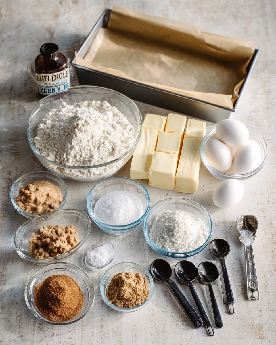 A white marbled textured table holds various baking ingredients arranged neatly in clear bowls and containers. At the back, there is a rectangular baking pan lined with parchment paper and a bottle of vanilla extract behind a large clear bowl filled with white flour. In front are three sticks of butter, three white eggs, and two small clear bowls filled with white sugar and brown sugar. To the left, there are small bowls with light brown sugar, a smaller one with cinnamon, and a tiny spoon holding baking soda. On the right side, four black measuring spoons contain different powders. Everything is laid out orderly on the white marbled surface photo taken with an iphone --ar 4:5 --v 7