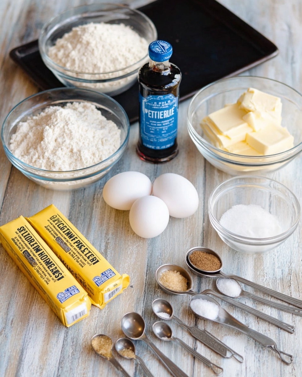 The image shows baking ingredients arranged neatly on a light wood surface with a white marbled texture. There are two glass bowls, one filled with white flour and the other with light brown sugar. Next to them is a bottle of vanilla extract with a blue label standing upright. Two sticks of salted sweet cream butter in yellow packaging are placed side by side. In front of the butter are three white eggs and a small glass bowl filled with white sugar. A yellow package of Nestle Toll House Premier White morsels lies next to the eggs. In the foreground, there are six metal measuring spoons filled with various dry ingredients, lined up in a row. A black baking tray is placed in the background. Photo taken with an iphone --ar 4:5 --v 7