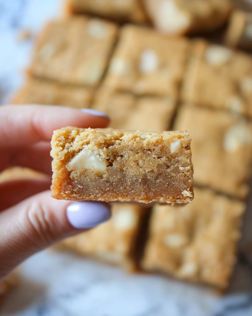 A close-up view of a square blondie bar held between a woman's thumb and forefinger, showing a thick single layer with a dense, slightly crumbly golden brown texture mixed with visible white chunks inside, possibly nuts or white chocolate. In the background, more blondie squares are blurred but arranged in a grid pattern on a white marbled surface. The lighting is soft, highlighting the blondie's moist and chewy look. Photo taken with an iphone --ar 4:5 --v 7