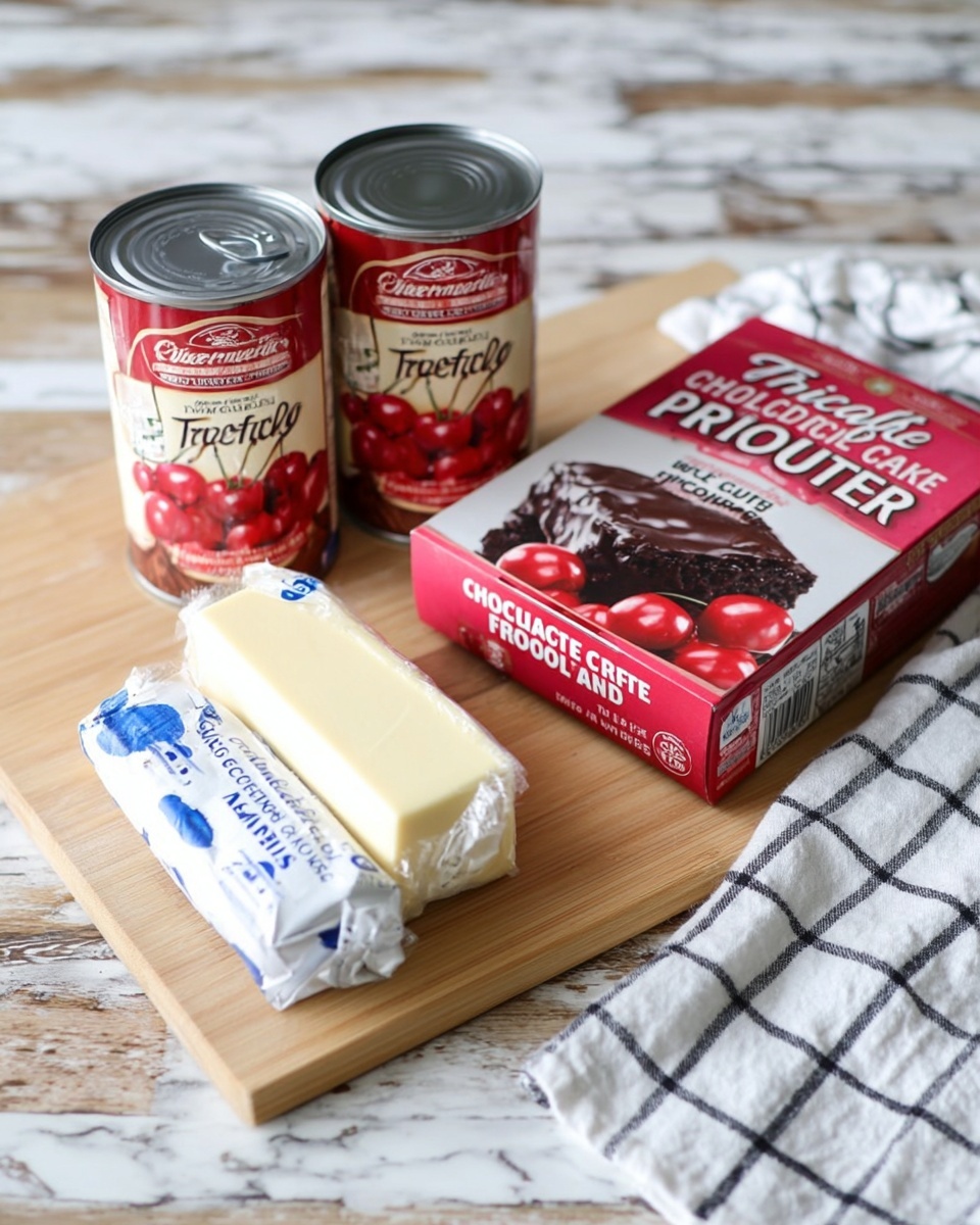 The image shows two cans of cherry pie filling with red and white labels, placed next to a red and pink box of triple chocolate fudge cake mix. In front of them, there are two sticks of salted sweet cream butter wrapped in white and blue paper. These items sit on a wooden surface with a white marbled texture, and a white and black checkered cloth is partially visible to the right. Photo taken with an iphone --ar 4:5 --v 7