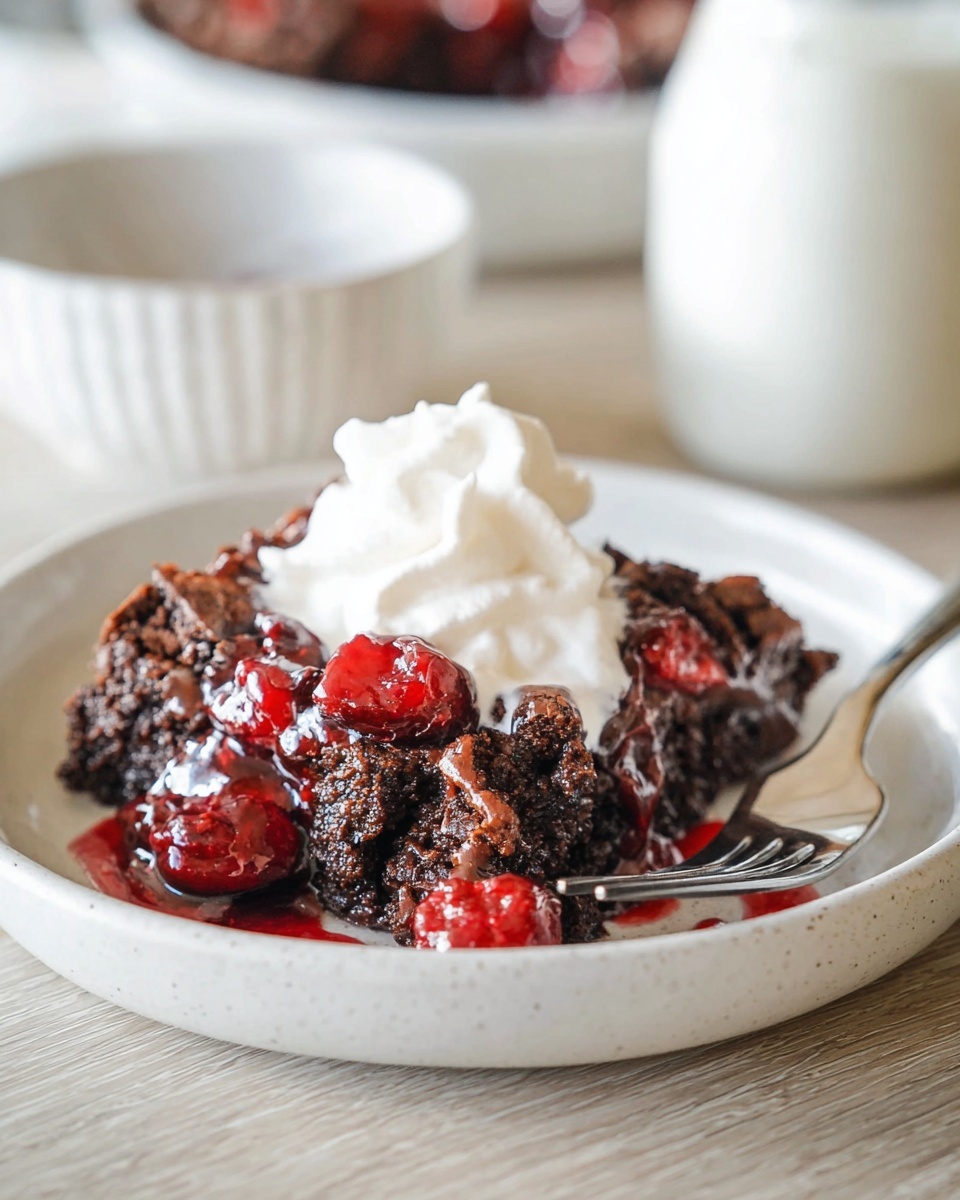 A messy square-shaped dessert sits in the center of a white plate with a soft texture and dark brown, rich chocolate color with some visible chunks. Bright red cherry pieces and thick red syrup are spread throughout the chocolate base, adding a gloss and color contrast to the dark dessert. On top of the dessert is a dollop of smooth white whipped cream with soft peaks. A silver fork rests partly under the dessert on the right side of the plate. The plate is placed on a light wooden surface with a blurred white jar and white bowl seen in the background. Photo taken with an iphone --ar 4:5 --v 7
