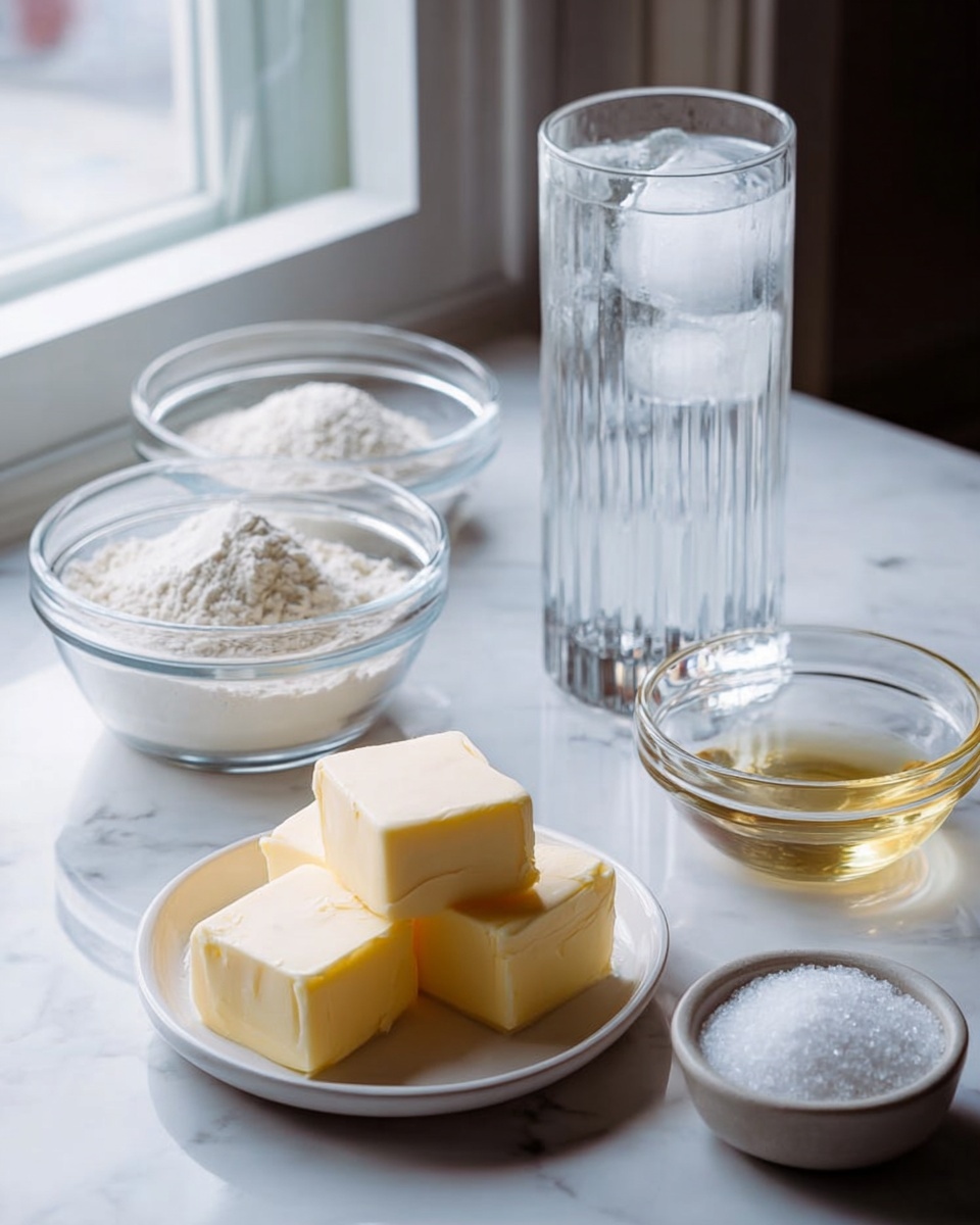 The image shows six different ingredients arranged on a white marbled surface near a window. In the center front, there are four pale yellow butter cubes stacked on a small white plate. Behind to the left, two clear glass bowls hold white powdery substances, likely flour and baking powder, while directly behind the butter is a tall, clear glass filled with water and ice cubes. To the right, a small clear bowl holds a light golden liquid, probably oil, and in the front right corner, a small round container is filled with white granulated sugar. The scene is softly lit with natural light coming through the window. photo taken with an iphone --ar 4:5 --v 7