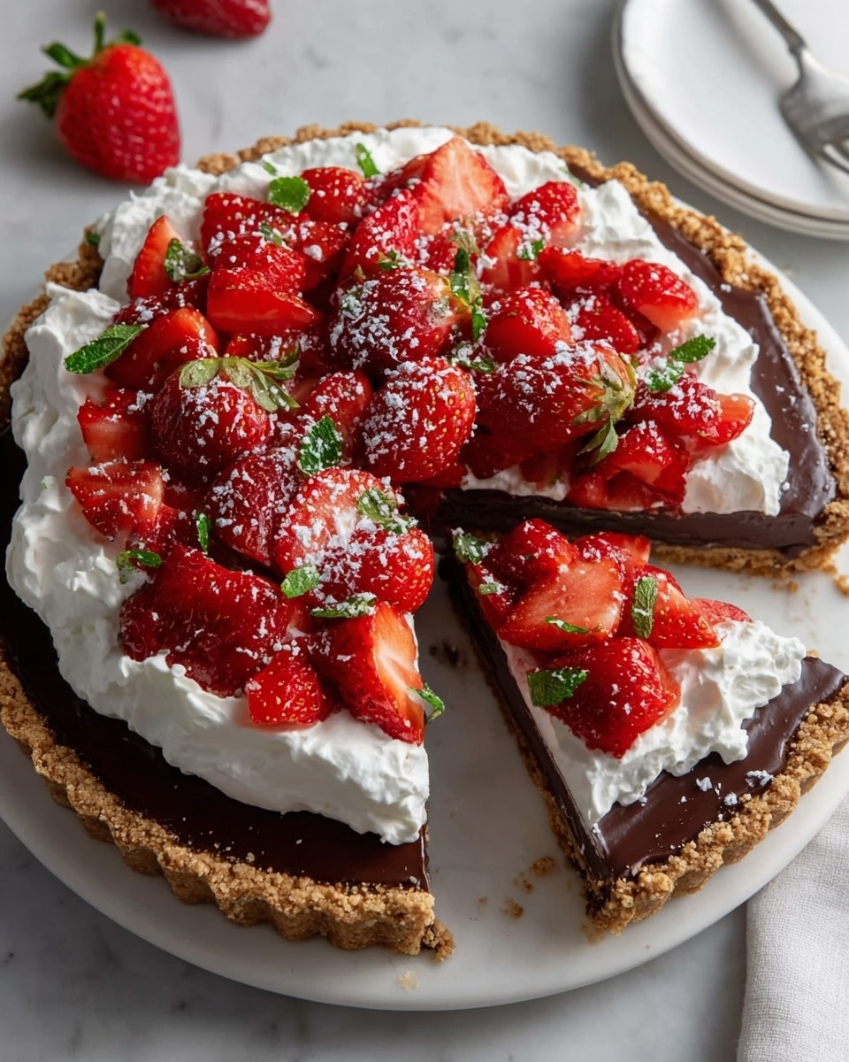 A round tart with four distinct layers sits on a white marbled surface. The bottom layer is a crumbly, light brown crust holding the tart’s shape. On top of the crust is a shiny dark brown chocolate layer, smooth and thick, covering the whole tart. Above the chocolate is a thick dollop of white whipped cream, fluffy and soft, placed mostly in the center of the tart. The top layer is made up of bright red strawberries, some whole and some sliced, scattered generously across the whipped cream, with small green leaves and a light dusting of white powder. A slice of the tart is slightly pulled away from the rest, showing all the layers clearly. A white plate holds the tart and a silver fork lies nearby. photo taken with an iphone --ar 4:5 --v 7