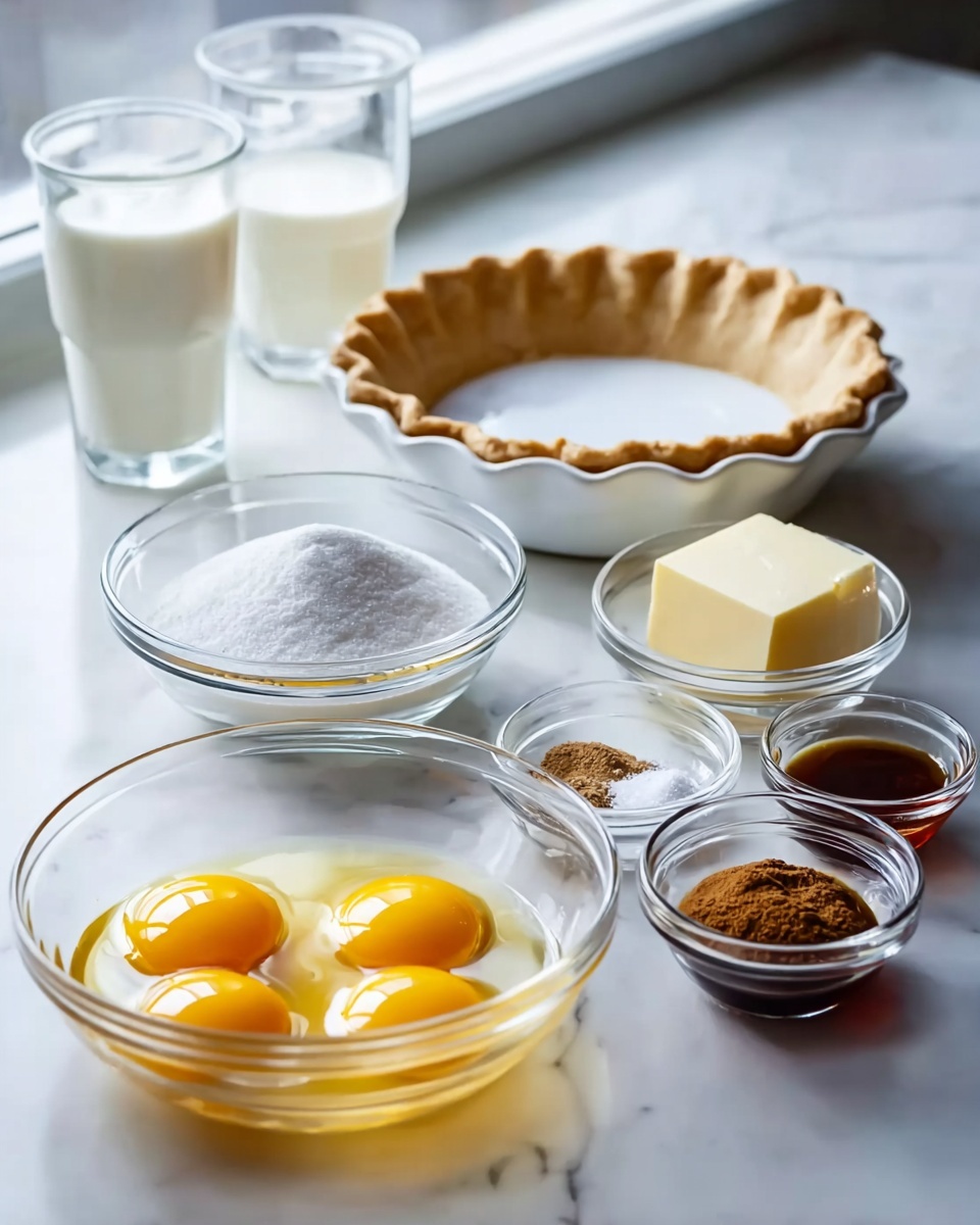 A clear glass bowl in the front left holds four bright yellow egg yolks with translucent egg whites around them. To its right, there is a round clear glass bowl filled with white sugar and another with a pale yellow cube of butter. In the front center, two small clear bowls hold white salt and brown cinnamon powder, and another small clear bowl in the front right contains dark vanilla extract. Behind these bowls, two clear glasses are filled with white milk and cream. At the back right, there is a white pie crust in a fluted white pie dish. The items are placed on a white marbled surface near a window, with soft light coming through. photo taken with an iphone --ar 4:5 --v 7