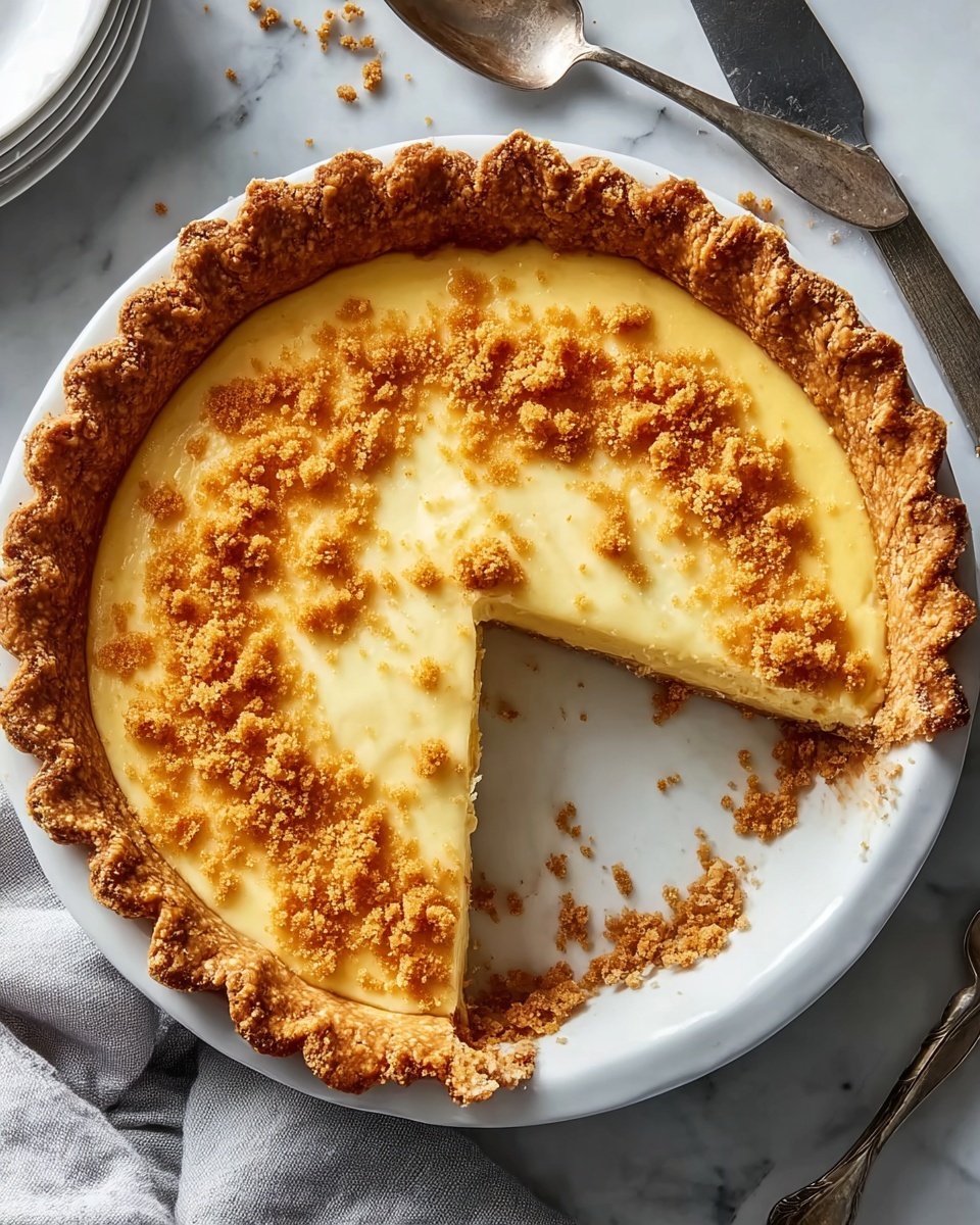 A pie with a thick, golden-brown crust that is crimped around the edge. Inside, there is a smooth, pale yellow filling topped with small clusters of golden brown crumbs scattered mostly in the center and some near the edges. One slice is missing, showing the soft texture of the filling inside. The pie rests on a white plate with some crumbs around it, placed on a white marbled surface. Nearby, an old knife and two spoons lie next to the plate, and a light gray cloth is partially visible on the side. Photo taken with an iphone --ar 4:5 --v 7