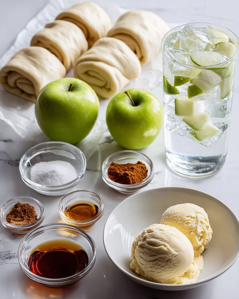 The image shows ingredients arranged on a white marbled surface for making a dessert. At the back, there are four rolled dough pieces lined up on parchment paper. In front of the dough are two green apples, one cut in half showing its light green flesh and seeds. Several small glass bowls hold white granulated sugar, brown sugar, cinnamon powder, light honey, and dark syrup. At the right front, there is a white bowl with two scoops of pale yellow ice cream. On the far right, a tall clear glass contains sparkling water with ice cubes and pieces of green apple. photo taken with an iphone --ar 4:5 --v 7