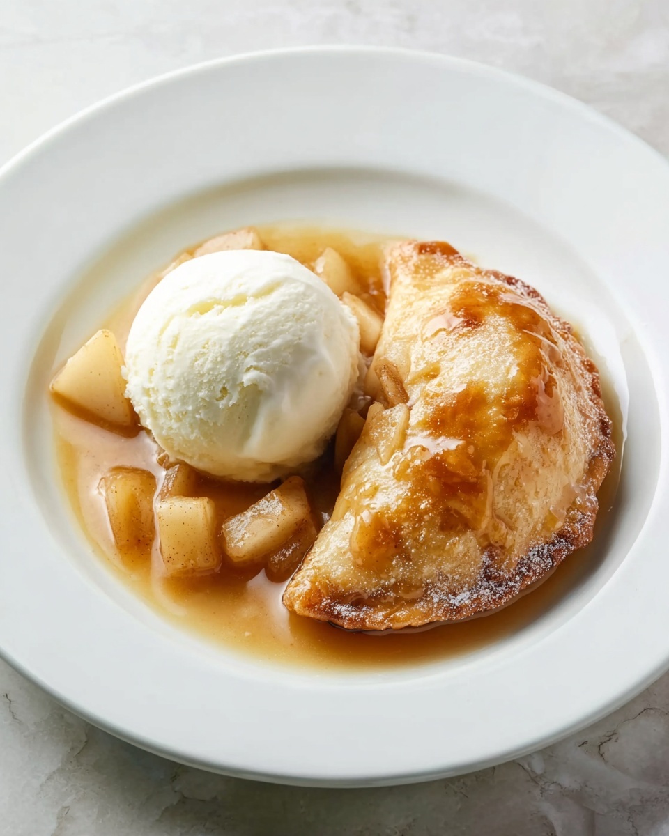 A white round plate holds a dessert with two main parts: on the left side, there is a smooth, round scoop of creamy white ice cream, and on the right side, there is a golden brown baked pastry crescent filled with soft cooked apple chunks. The pastry is shiny from a golden glaze and rests on a layer of warm, light brown apple sauce with small pieces of apple around the ice cream. The plate is set on a white marbled surface. Photo taken with an iphone --ar 4:5 --v 7