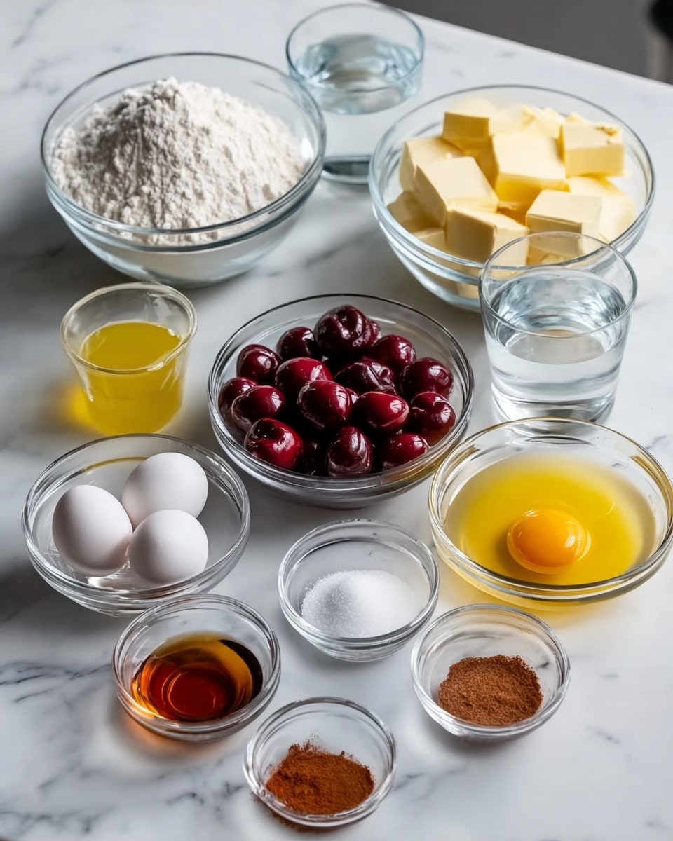 The image shows several clear glass bowls and a glass filled with water arranged on a white marbled surface. In the three largest bowls at the back, there are white flour, cubed pale yellow butter, and a bright glass of water. Moving forward, there is a bowl filled with shiny dark red cherries, next to it a smaller bowl with fine white salt. In front, there is a medium bowl holding a raw yellow egg yolk with clear egg white around it, a bowl with white sugar, and a small one with coarse white salt. On the left side, there is a yellow liquid in a small glass and in the front row, three tiny bowls contain light brown cinnamon, dark amber vanilla extract, and a reddish-brown spice, all placed on the white marbled surface photo taken with an iphone --ar 4:5 --v 7