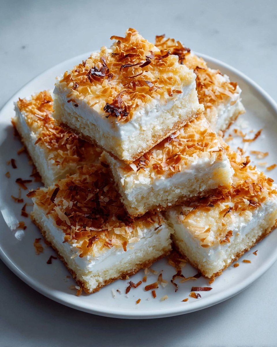 A white plate with five square dessert bars arranged in a slightly overlapping pile on a white marbled surface. Each bar has three visible layers: a golden brown crispy bottom crust, a thick middle layer of white creamy filling, and a topping of toasted, golden-brown shredded coconut flakes scattered on top and around the plate. The toasted flakes add texture and color contrast to the smooth creamy layer beneath. photo taken with an iphone --ar 4:5 --v 7
