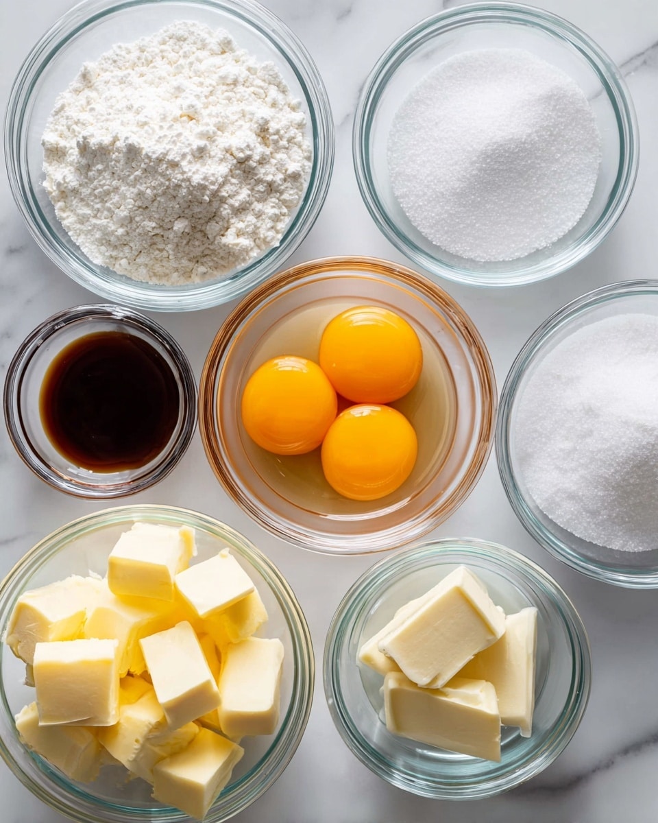 A top-down view shows seven clear glass bowls arranged closely on a white marbled surface. The center bowl holds two raw eggs with bright orange yolks and shiny whites. Surrounding it, the bowls contain soft yellow cubed butter, white flour with a small well of salt, clear water, white granulated sugar, coarse sea salt, and dark brown vanilla extract, all visible through the glass bowls. The mix of colors—white powders, yellow butter and eggs, dark vanilla—and textures create a clean, simple arrangement. photo taken with an iphone --ar 4:5 --v 7