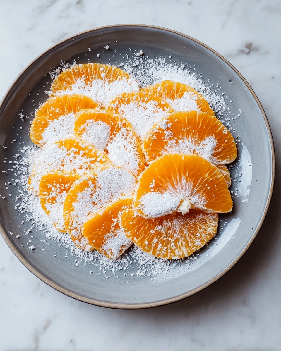A gray round plate holds several layers of bright orange tangerine slices spread evenly across the surface. Each slice is covered with a dusting of white powdered sugar, creating a soft, powdery texture atop the juicy fruit. The plate sits on a white marbled surface, adding a clean and elegant look to the presentation. Photo taken with an iphone --ar 4:5 --v 7