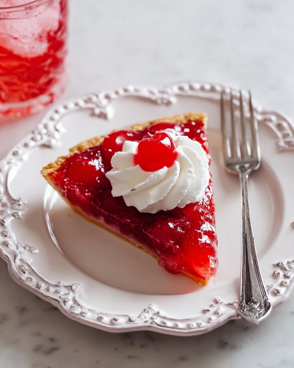 A single slice of cherry pie with a golden crust base is topped with a glossy, bright red cherry filling that covers the entire top layer. On the center of the slice, there is a swirl of white whipped cream with a shiny red cherry placed on top. The slice is placed on a white plate with detailed edges showing ornate curls and patterns. Next to the slice, a silver fork rests on the plate. The plate is set on a white marbled surface and in the upper left corner, there is a glass with a red drink and ice cubes visible. photo taken with an iphone --ar 4:5 --v 7