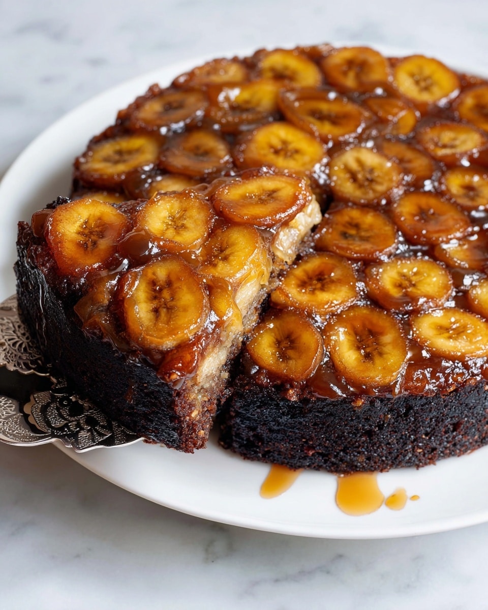 The dish is a round upside-down cake on a white plate, placed on a white marbled surface. The cake has two main layers: the bottom layer is dark brown, dense, and moist looking, while the top layer consists of caramelized banana slices that are golden brown with a glossy, sticky texture. The bananas are arranged closely, covering the entire top surface with some areas slightly darker from caramelization. A slice is being lifted with a silver cake server that has delicate patterns, showing the contrast between the dark cake and the shiny banana topping. There are small drips of caramel sauce on the plate around the cake. Photo taken with an iphone --ar 4:5 --v 7