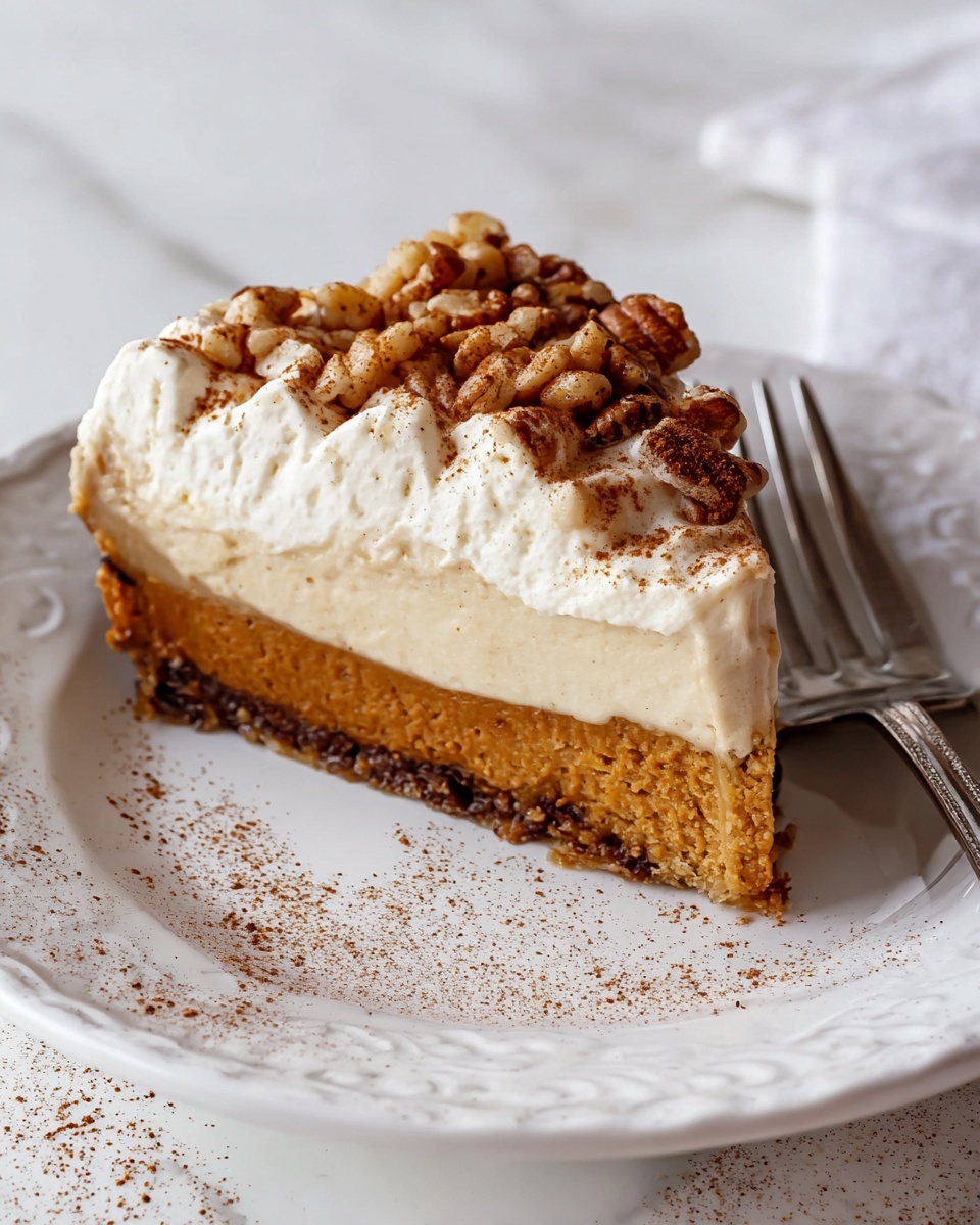 A slice of pie sits on a white plate with a decorative edge, placed on a white marbled surface. The pie has three distinct layers: the bottom layer is a dense, golden-brown crust; the middle layer is a smooth, light brown filling; the top layer is a thick layer of creamy white frosting with visible knife texture and a dusting of brown spice. On the right side of the pie, there is a rough layer of chopped nuts mixed into a sticky topping. A silver fork lies behind the pie slice. Small brown spice specks are scattered around the plate. Photo taken with an iphone --ar 4:5 --v 7