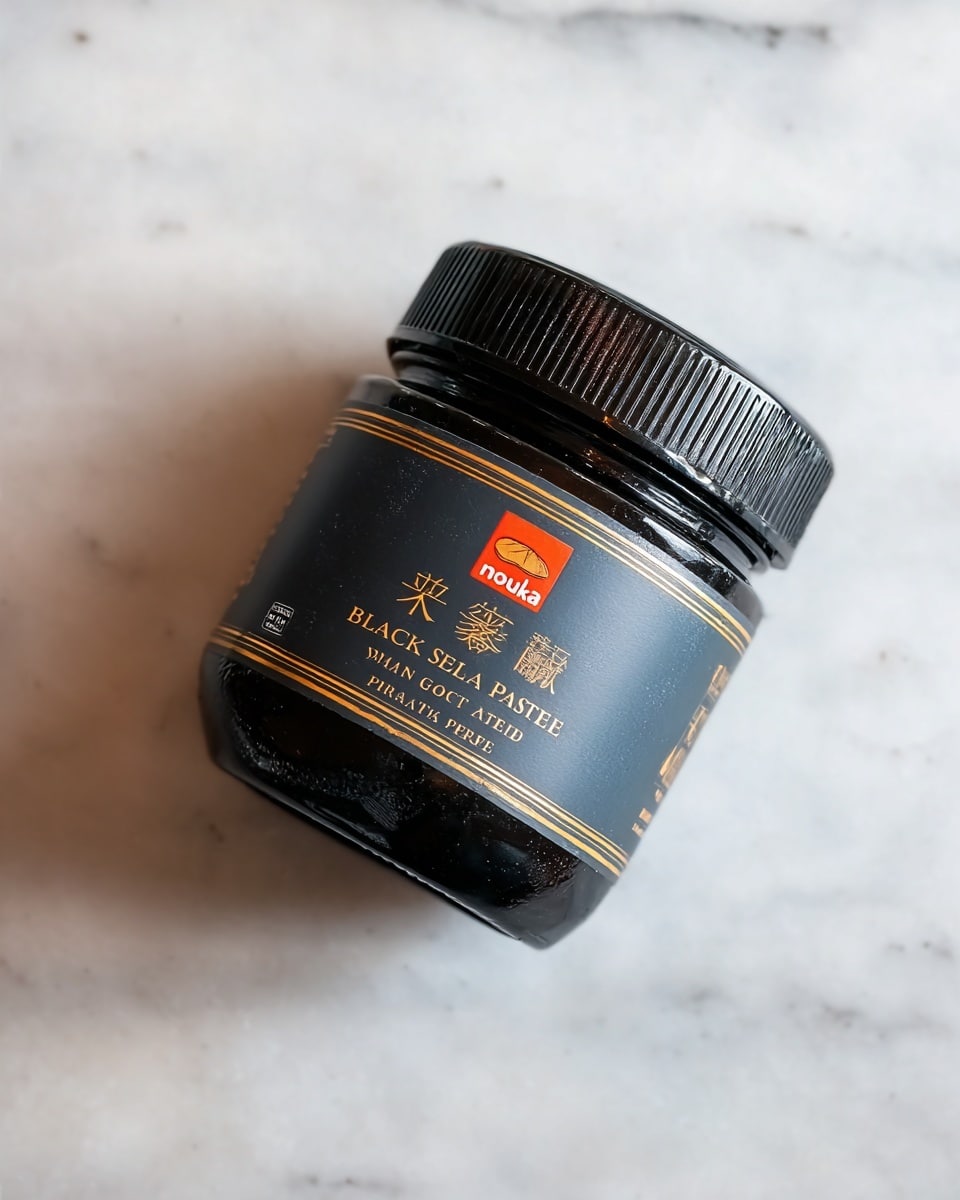 A dark black jar of black sesame paste rests slightly tilted on a white marbled surface. The jar has a black screw-top lid with ridges. Its label is mainly charcoal gray with thin gold borders on the top and bottom edges, and gold and red lettering. The label shows the brand name