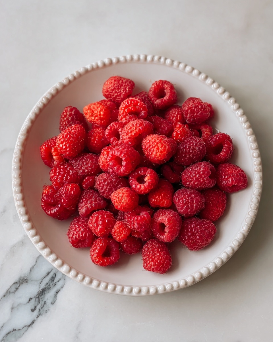 A white shallow round bowl with pearl-like beads around the edge is filled with a single layer of fresh raspberries. The raspberries are bright red with natural texture showing tiny drupelets and a few hollow centers. The bowl sits on a white marbled surface with thin dark gray veins. The lighting is soft and natural, highlighting the freshness and vibrant colors of the raspberries photo taken with an iphone --ar 4:5 --v 7