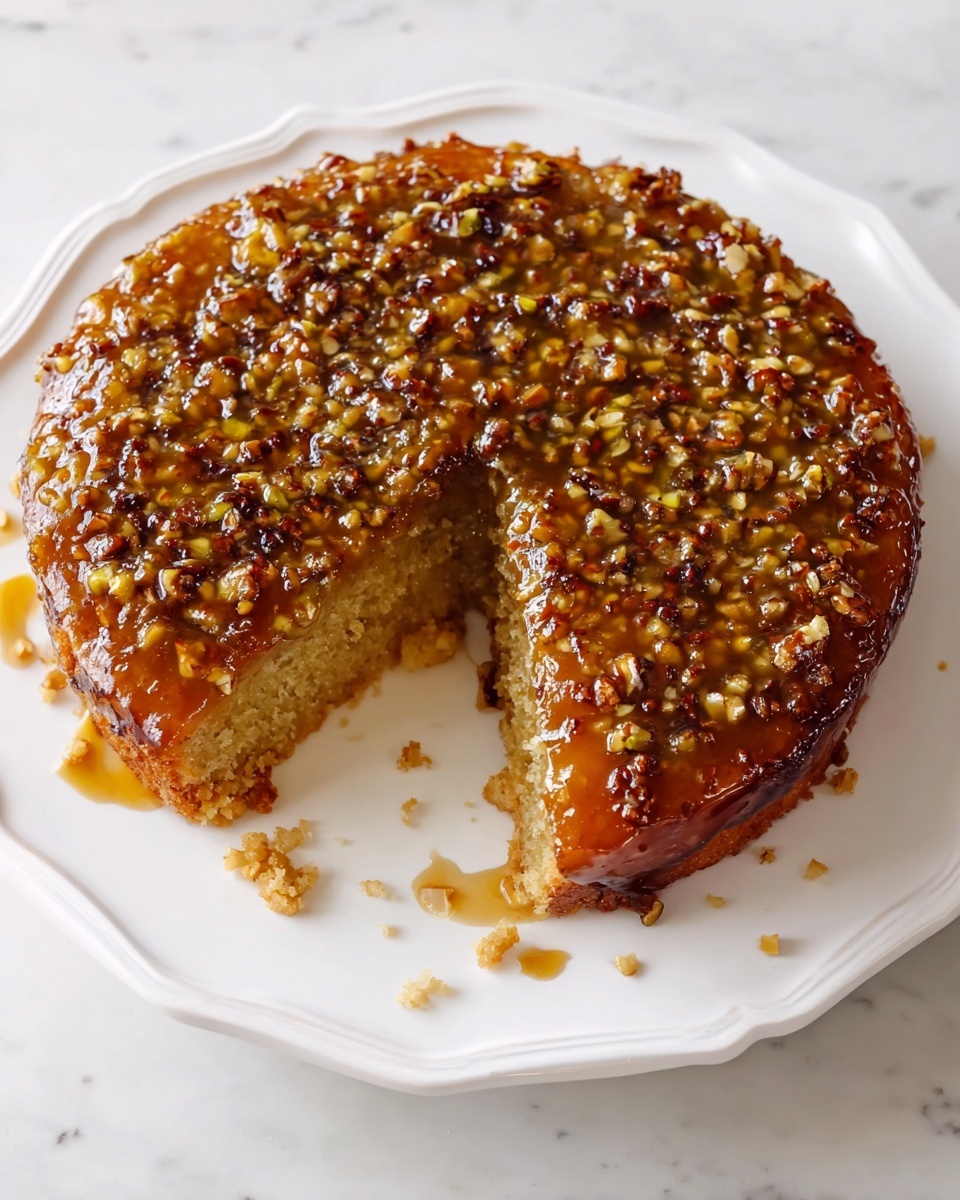 The image shows a round cake with two visible layers. The top layer is a sticky, glossy mixture of chopped nuts in a caramel-colored glaze, covering the entire top of the cake. The bottom layer is a golden-brown cake base with a soft texture. A slice is taken out, exposing the interior of the cake. It is placed on a white plate with a scalloped edge, sitting on a white marbled surface. Small crumbs are scattered around the cake on the plate. photo taken with an iphone --ar 4:5 --v 7