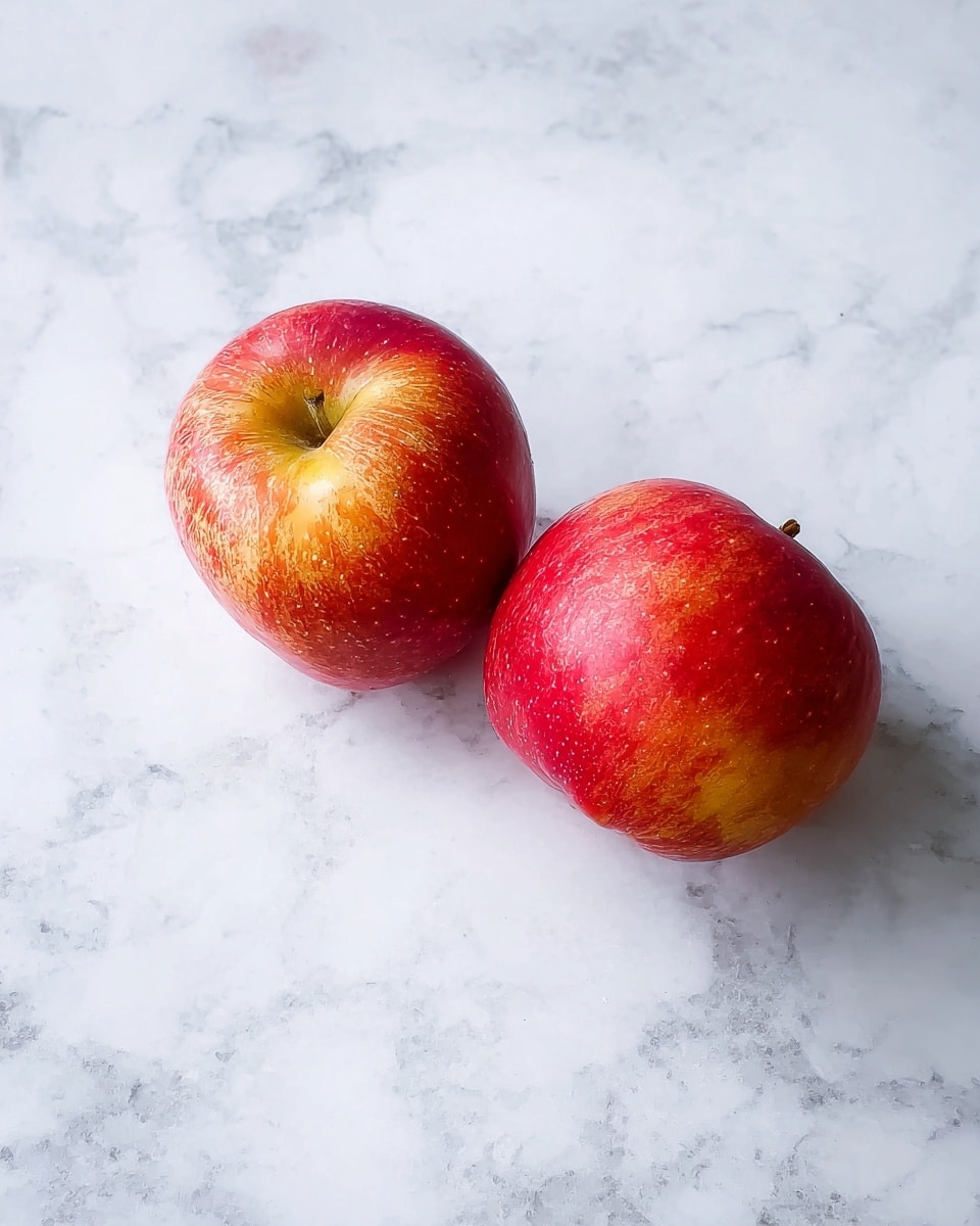 The image shows two red apples placed side by side on a white marbled surface. The apples have a smooth texture with slight speckles and shaded patches of red and yellow. One apple is positioned slightly above and to the left of the other, creating a simple and clean look with no other objects in the frame photo taken with an iphone --ar 4:5 --v 7