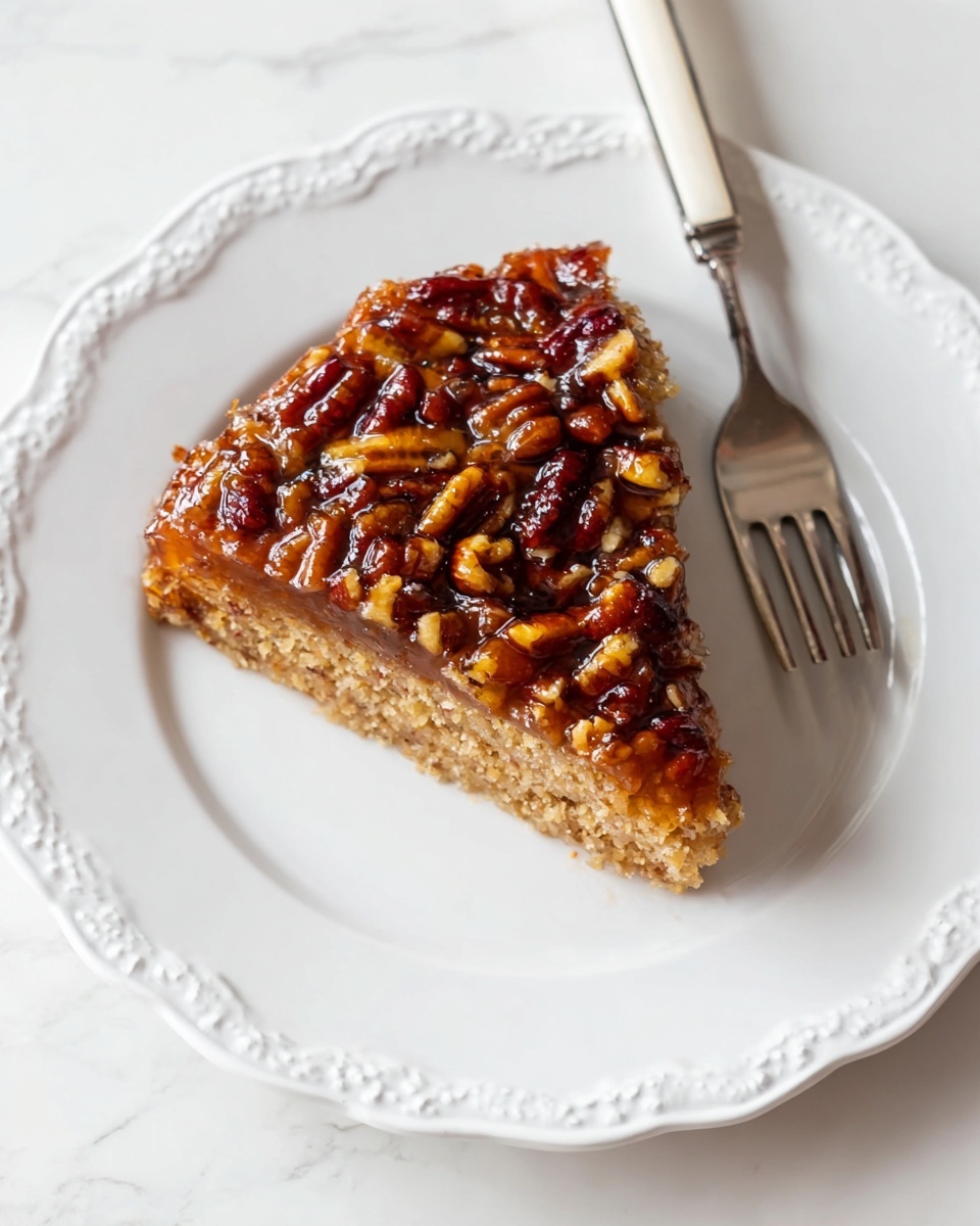 A single slice of nut-topped cake sits slightly to the left on a white plate with raised decorative edges. The cake has two visible layers: a light brown, crumbly base layer and a thick, shiny top layer covered with chopped pecans in a sticky caramel-like glaze, rich and glossy with a mix of dark brown and amber tones. To the upper right of the cake slice rests a fork with a silver head and white handle, its prongs pointing left. The plate is set against a white marbled surface. Photo taken with an iphone --ar 4:5 --v 7