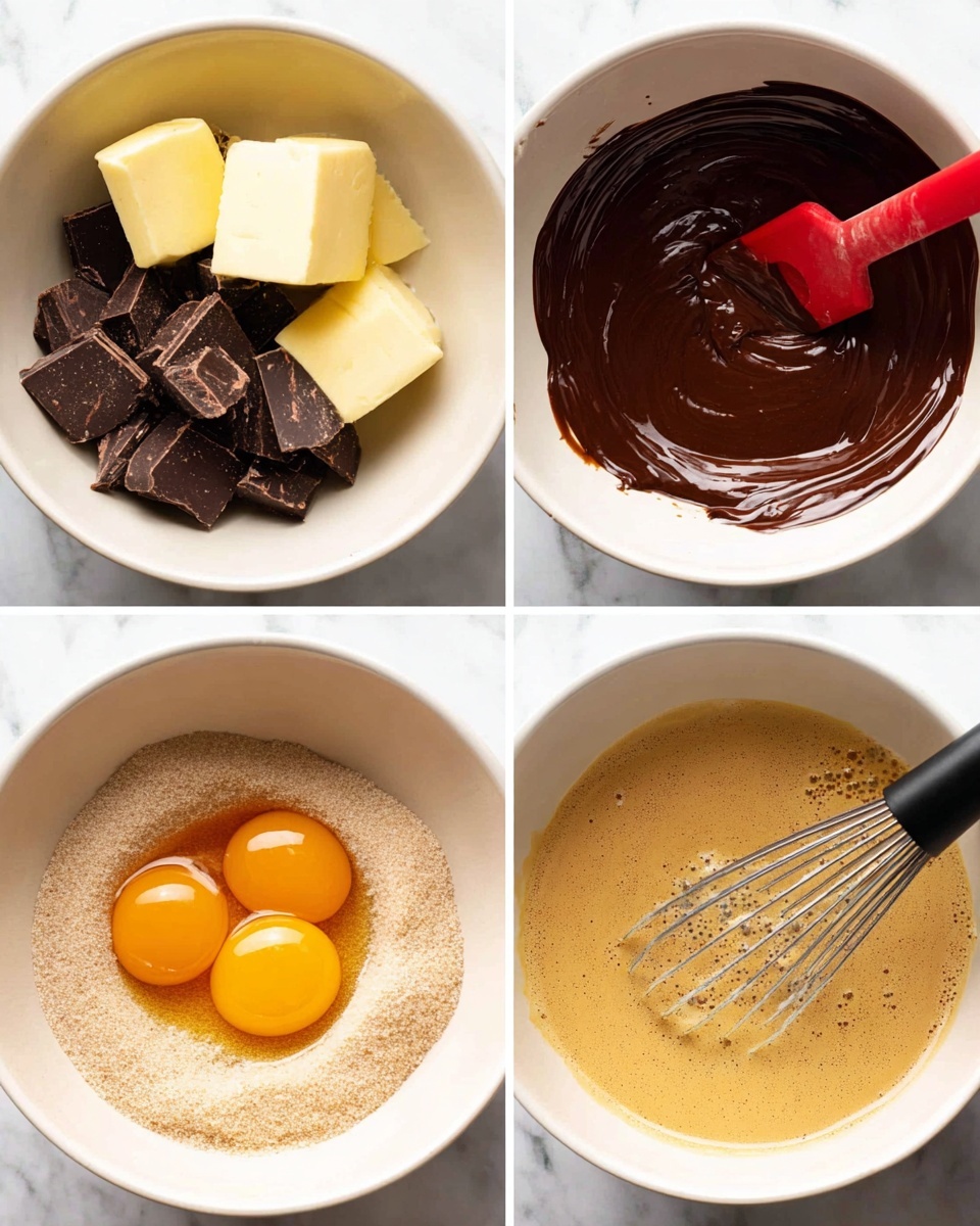 The image shows four close-up steps of mixing ingredients in a white bowl on a white marbled texture. In the first step, the bowl contains several chunks of pale yellow butter stacked on top of dark brown chopped chocolate pieces. In the second step, the ingredients have melted into a smooth, thick, and shiny dark brown liquid, with a red spatula partially coated in it. The third step shows two raw eggs with bright orange yolks next to a mound of light brown sugar inside the bowl. The fourth step reveals the mixture from step three blended into a smooth, light brown liquid with small bubbles, with a black whisk resting in the bowl. Photo taken with an iphone --ar 4:5 --v 7